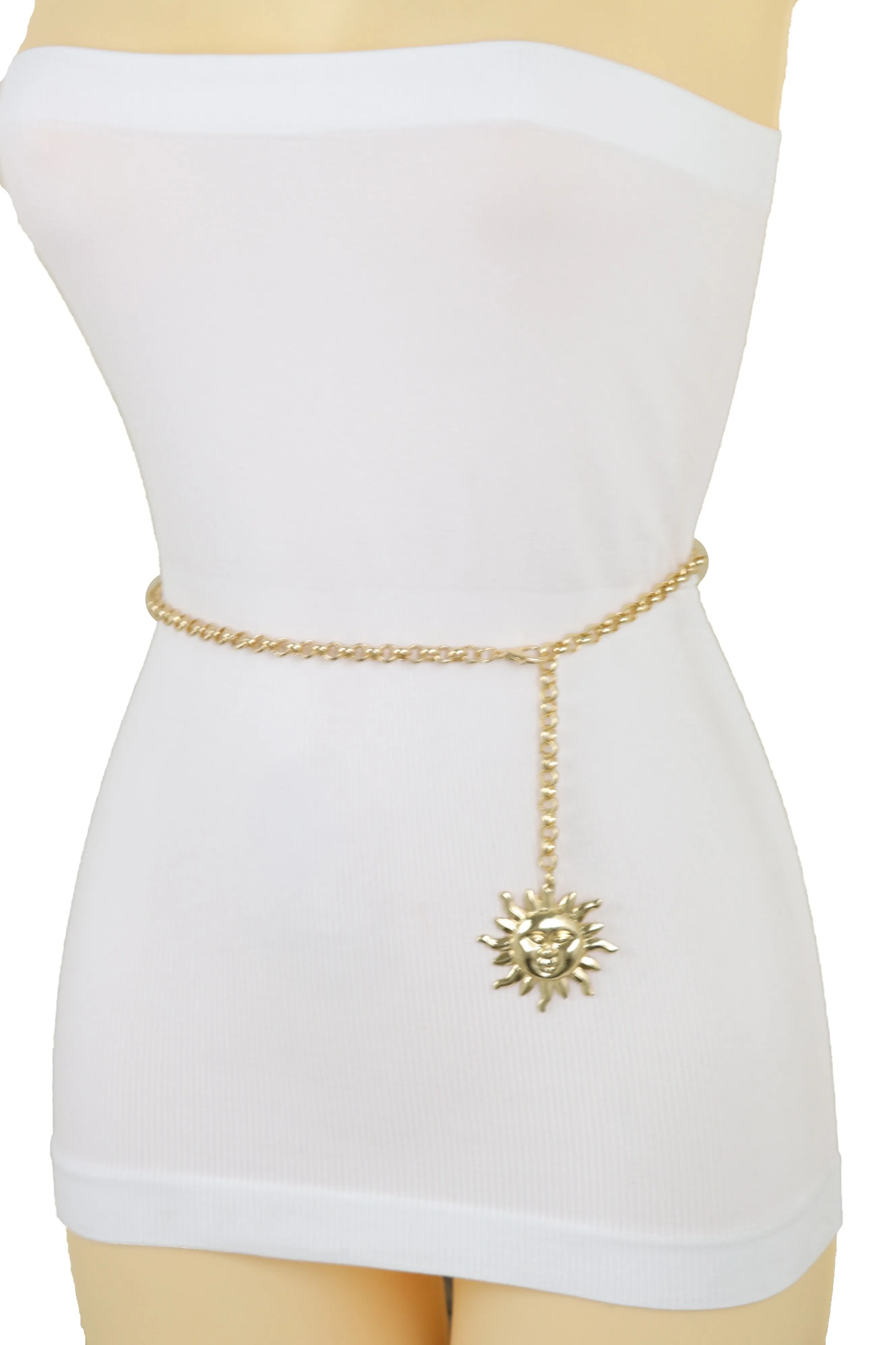 Gold Metal Chain Narrow Waistband Fashion Belt Sun Charm Plus Size XL XXL