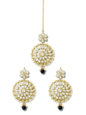 Gold Plated Black Bead Kundan Dangler Earrings with Maangtikka