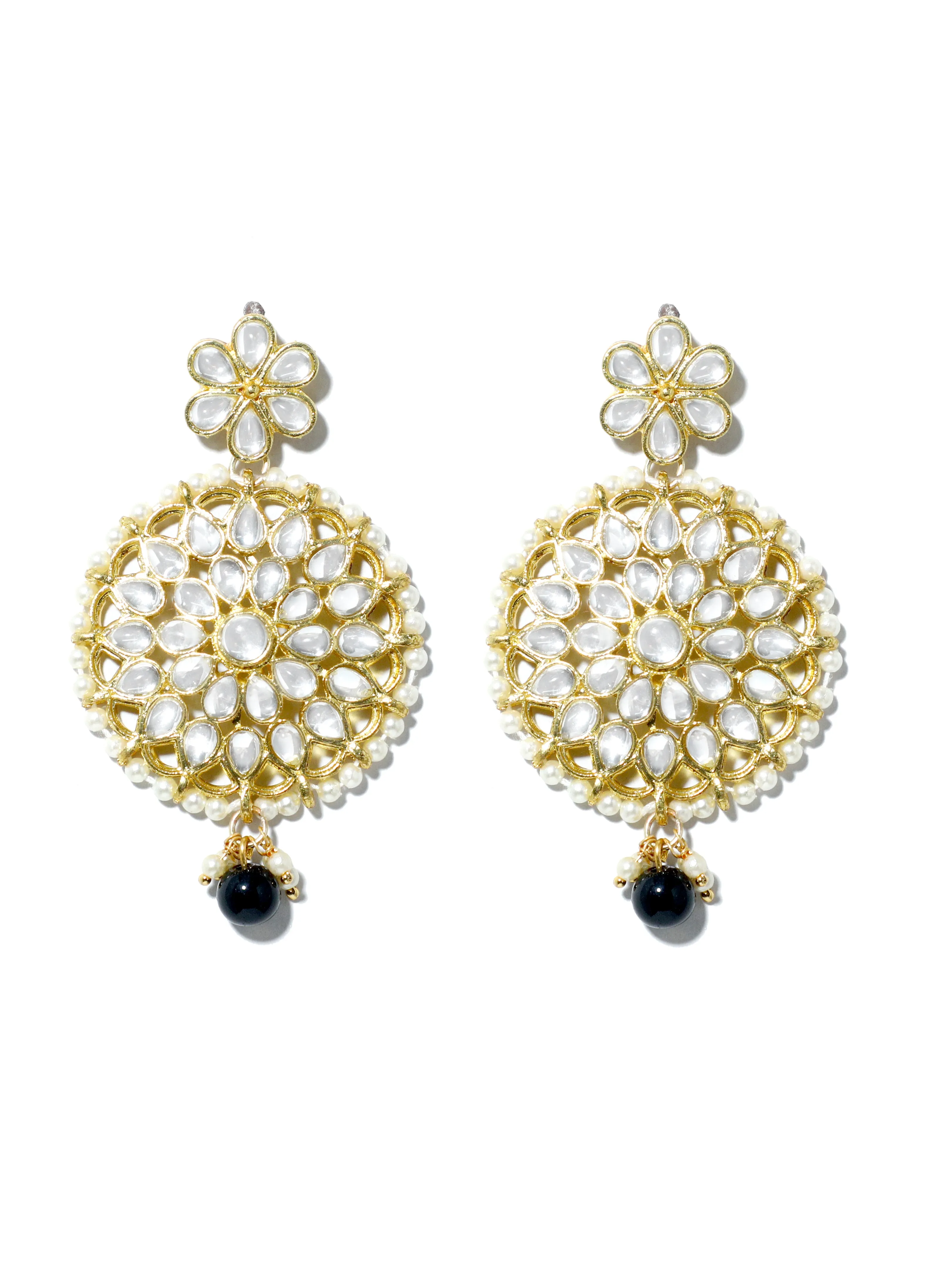 Gold Plated Black Bead Kundan Dangler Earrings with Maangtikka