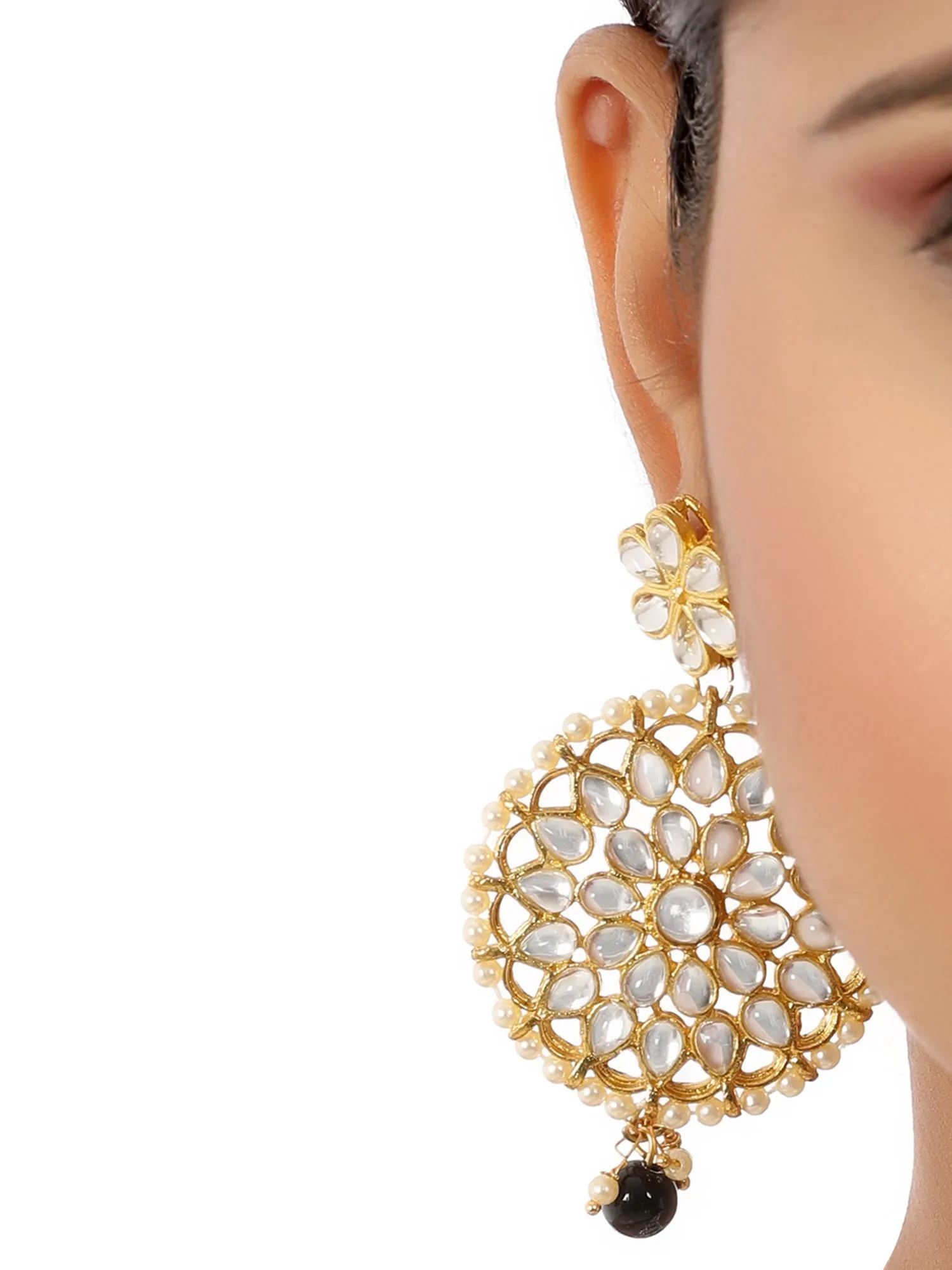 Gold Plated Black Bead Kundan Dangler Earrings