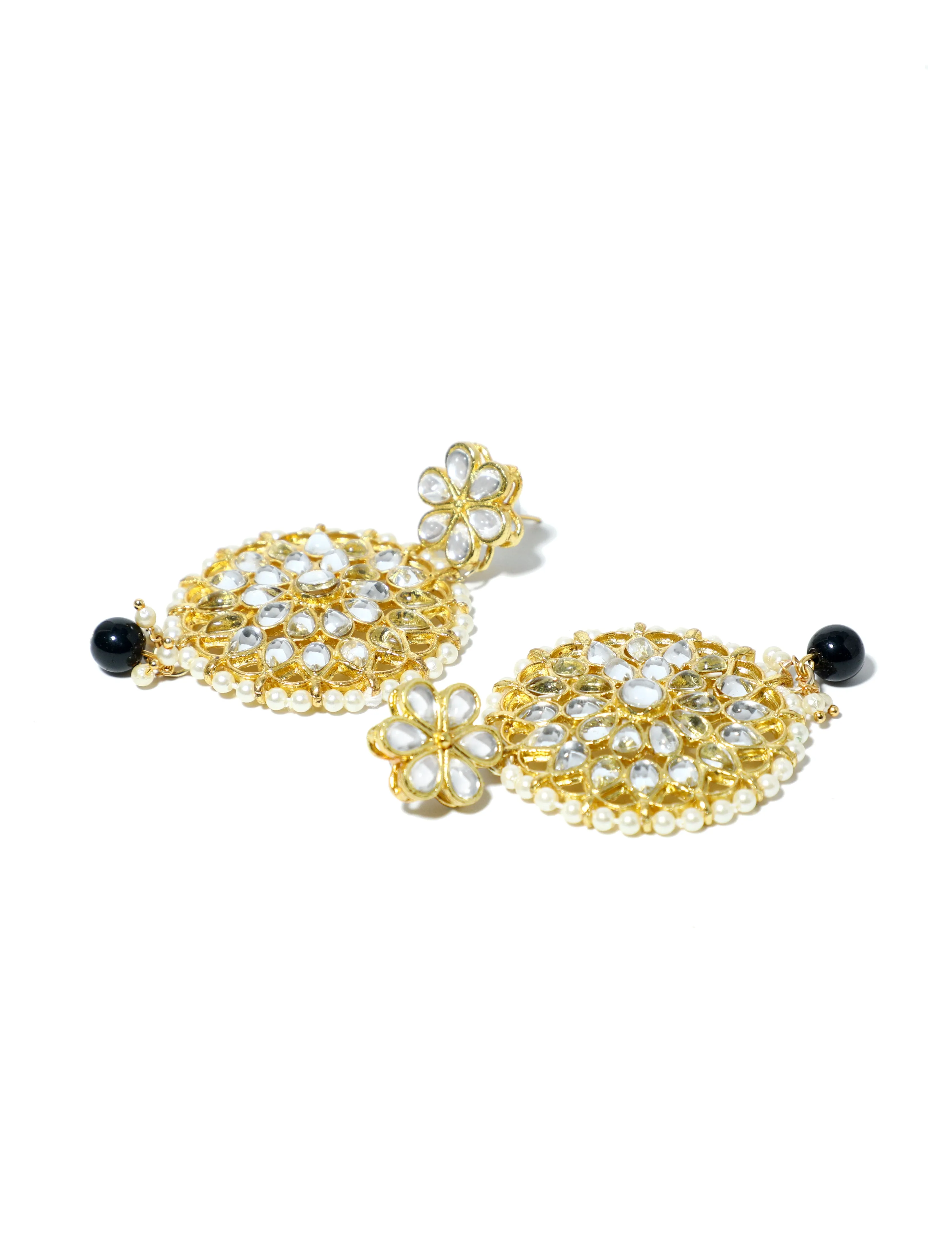 Gold Plated Black Bead Kundan Dangler Earrings