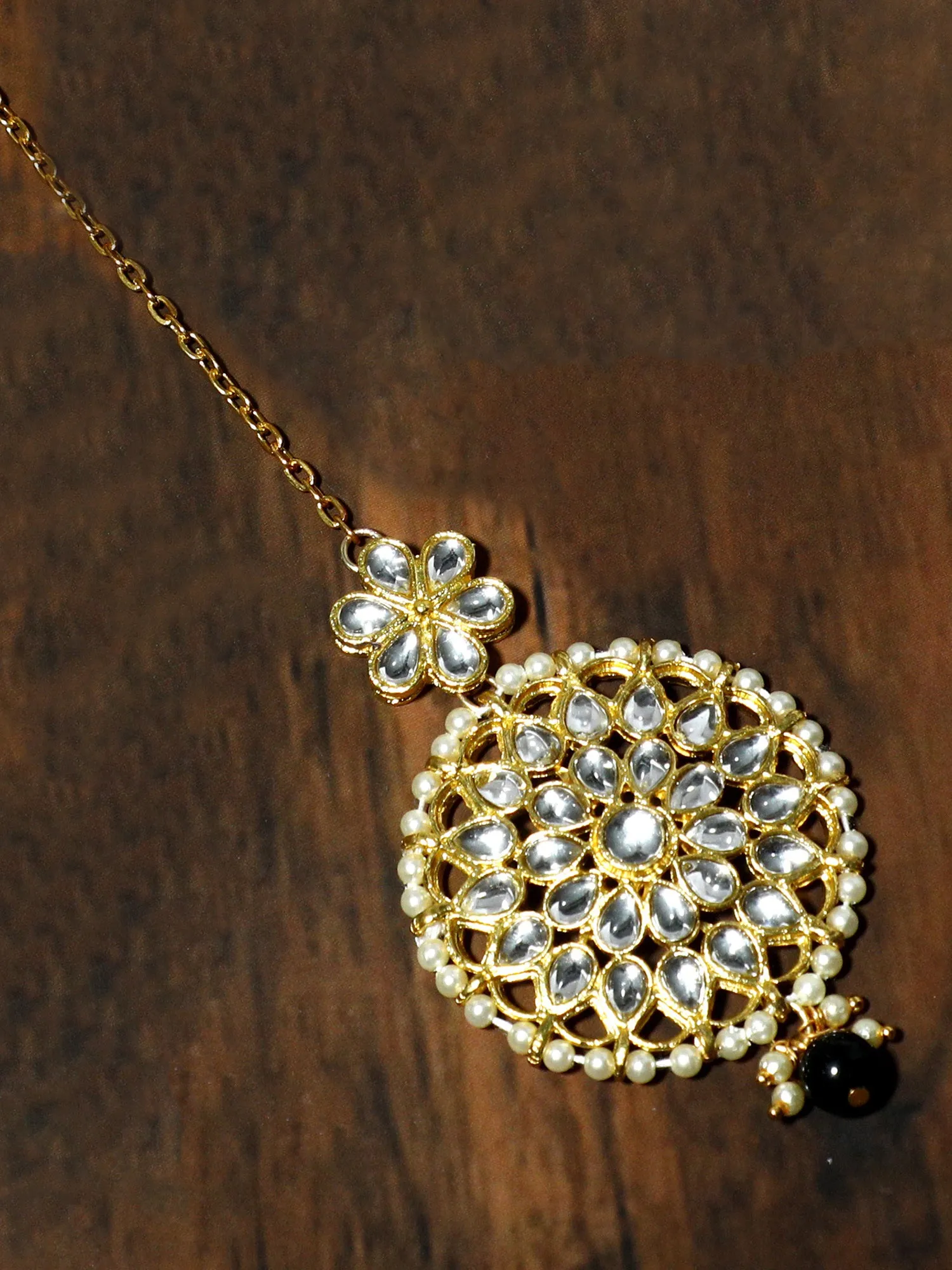 Gold Plated Black Bead Kundan Maangtikka