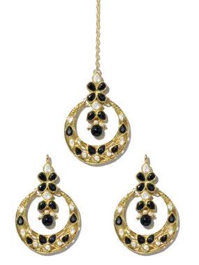 Gold Plated Black Kundan Chnadbali Earrings with Maangtikka