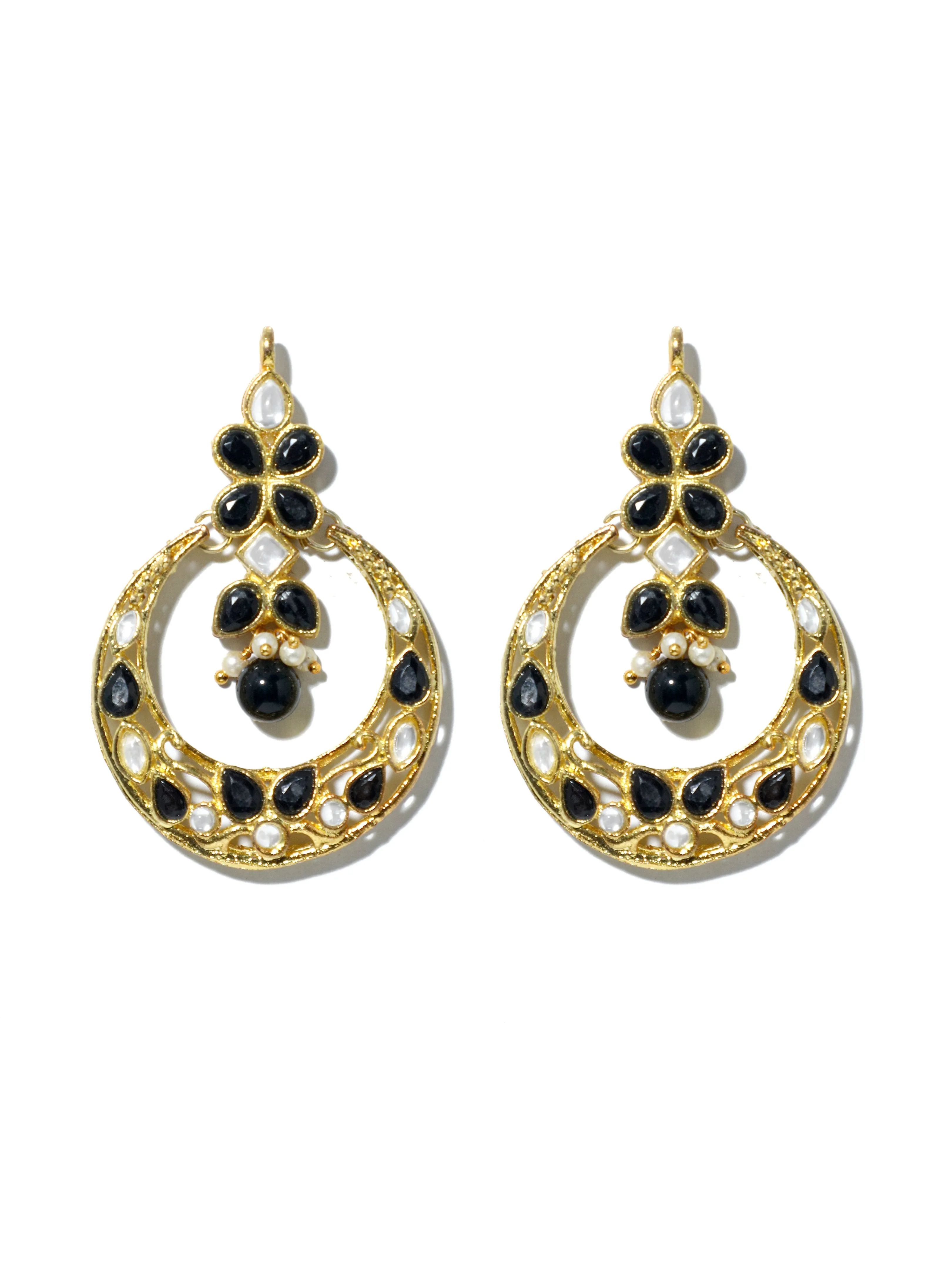 Gold Plated Black Kundan Chnadbali Earrings