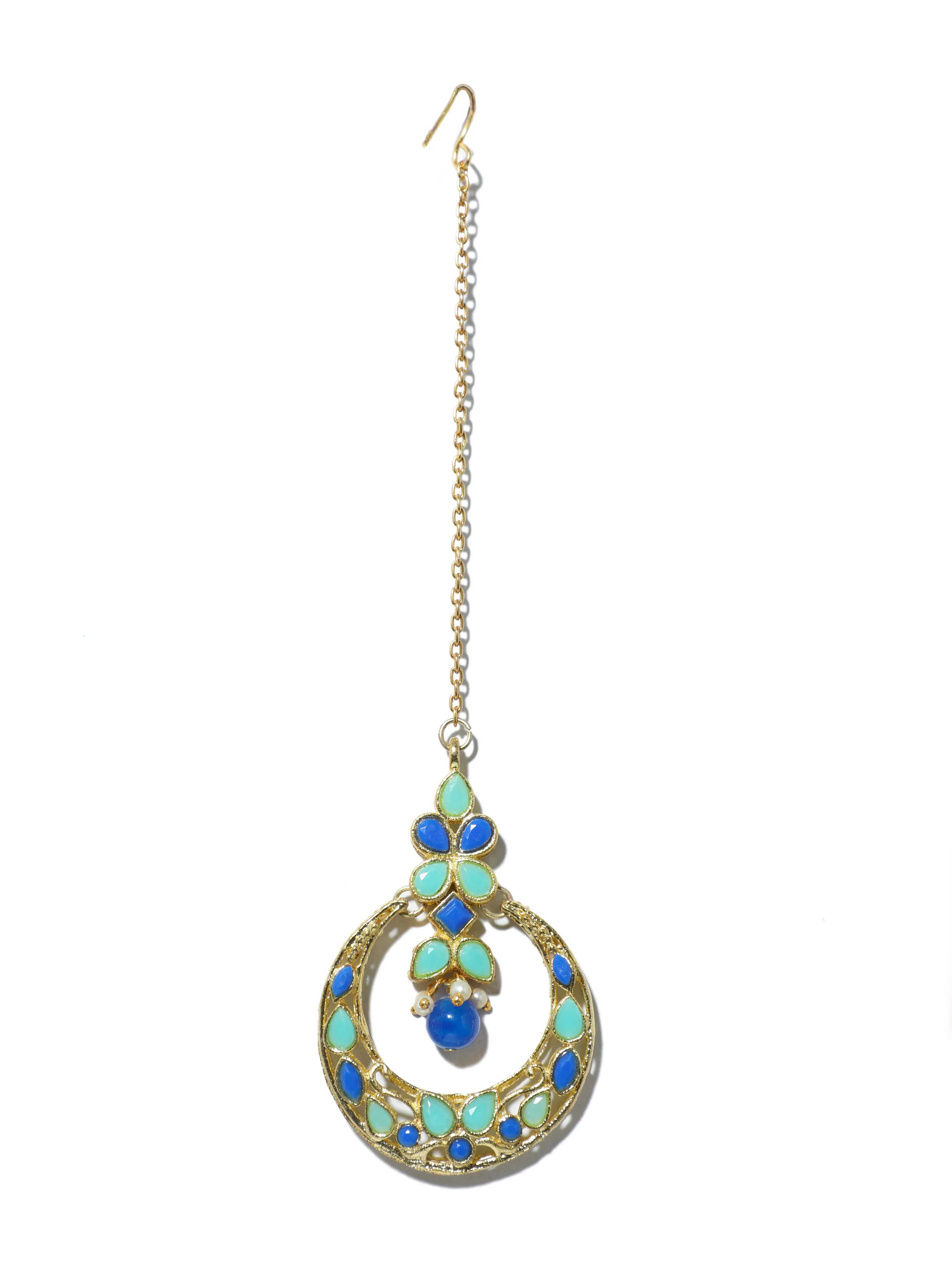 Gold Plated Blue and Mint Green Kundan Chnadbali Earrings with Maangtikka