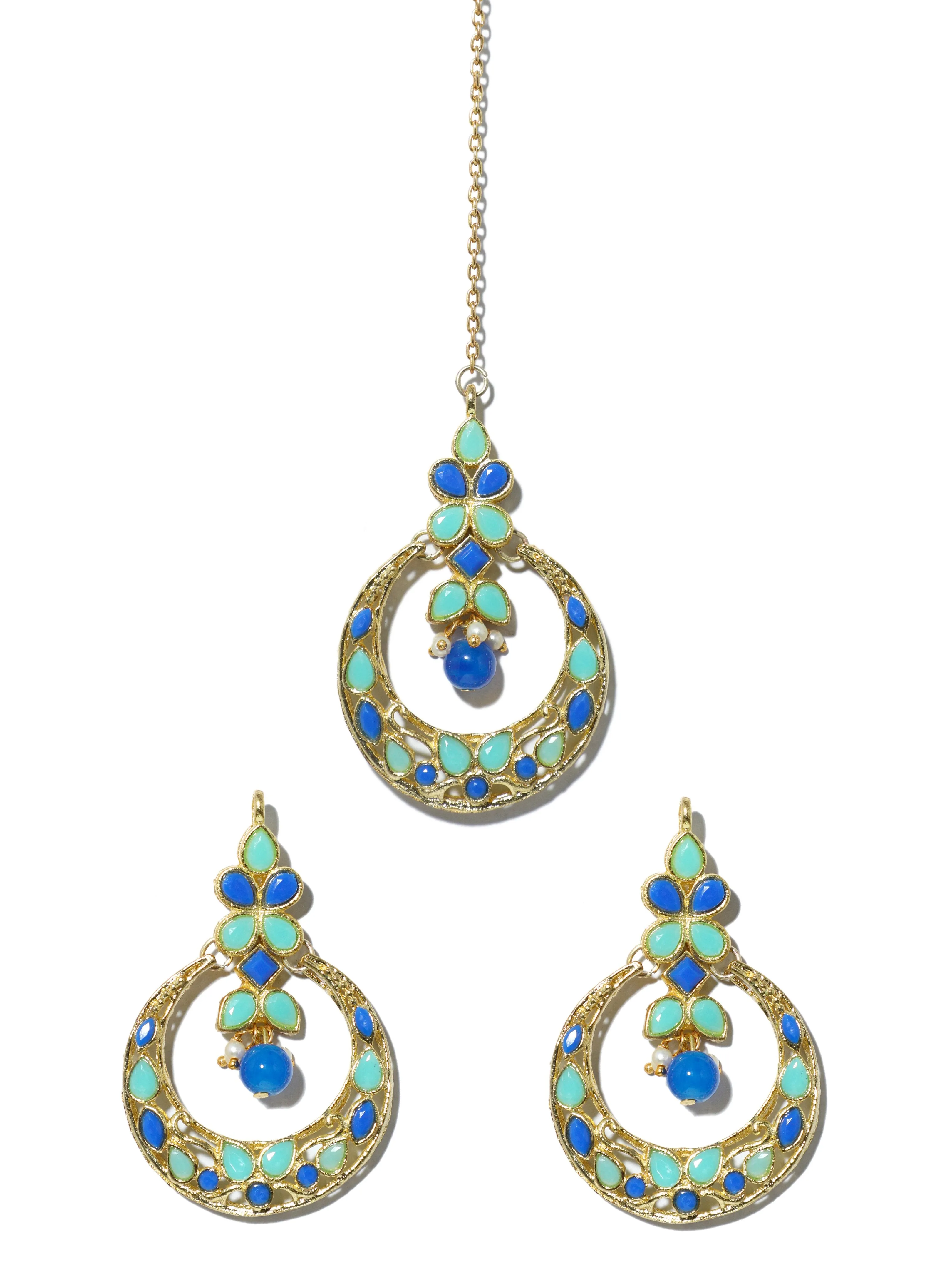 Gold Plated Blue and Mint Green Kundan Chnadbali Earrings with Maangtikka