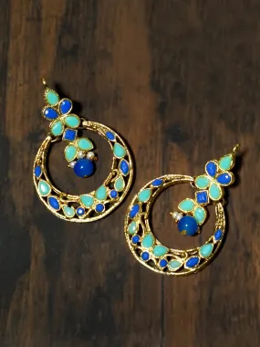 Gold Plated Blue and Mint Green Kundan Chnadbali Earrings