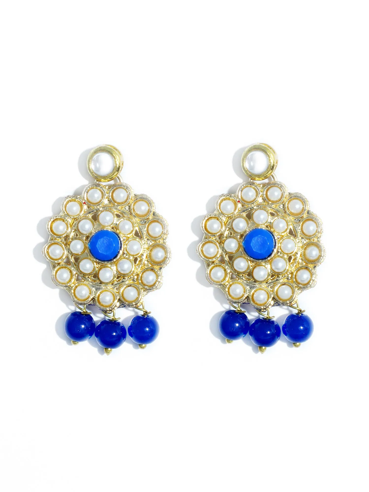 Gold Plated Blue Beads Kundan Dangler Earrings with Maangtikka for Women