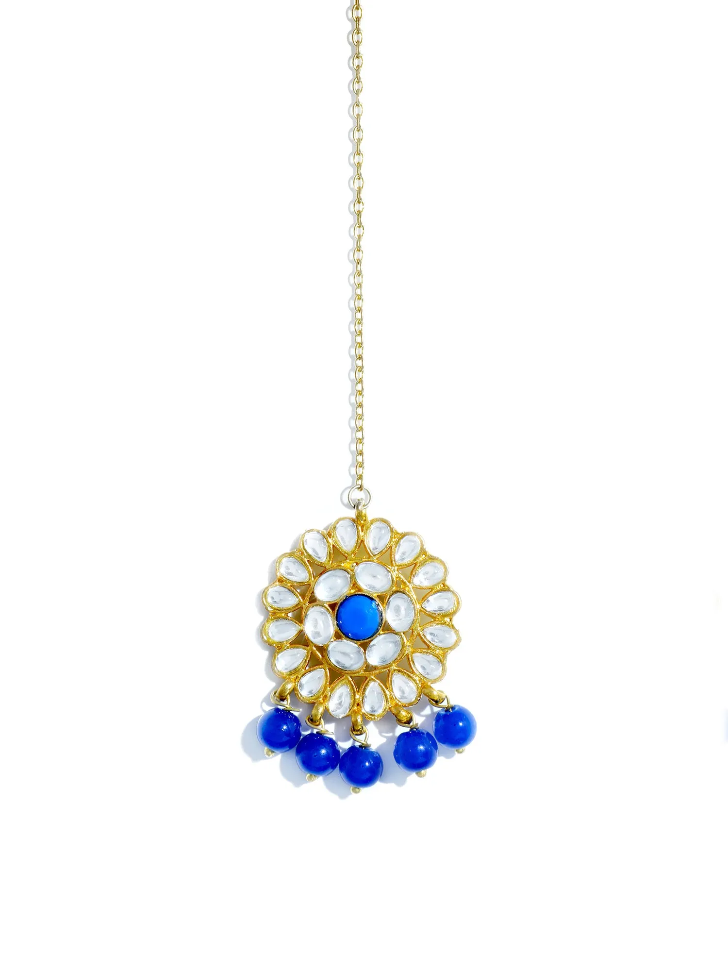 Gold Plated Blue Beads Kundan Dangler Earrings with Maangtikka for Women