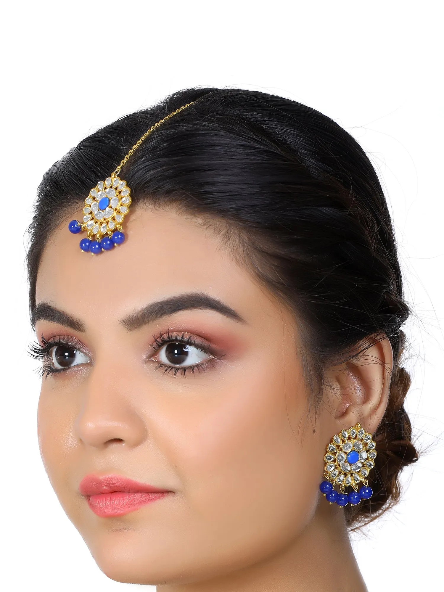 Gold Plated Blue Beads Kundan Dangler Earrings with Maangtikka for Women