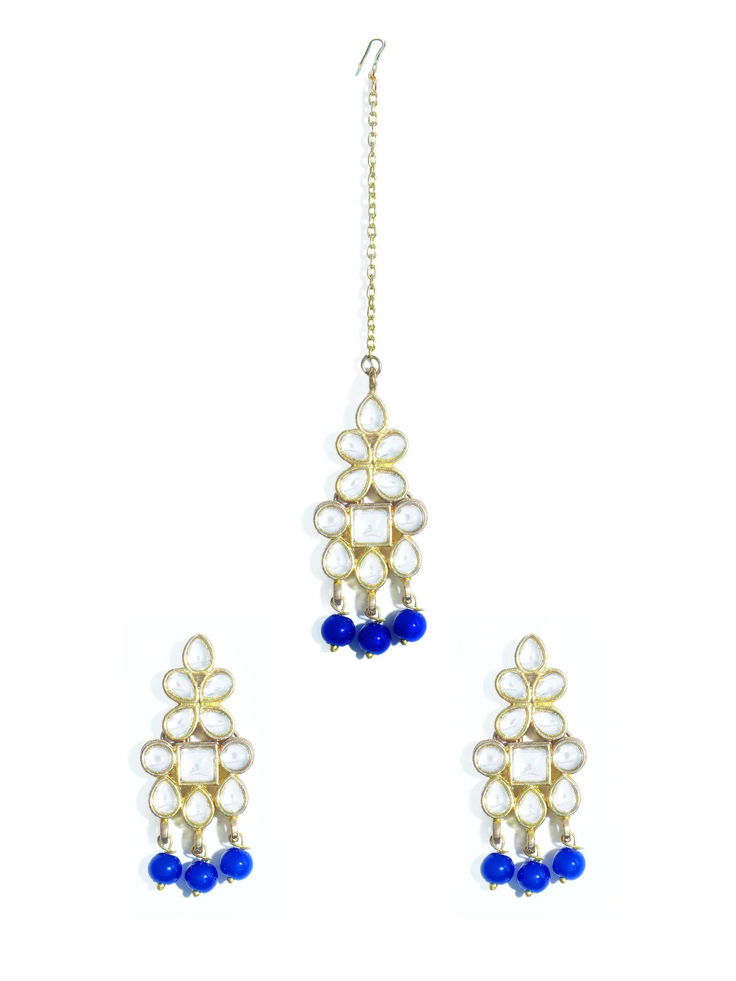 Gold Plated Blue Beads Kundan Dangler Earrings with Maangtikka for Women