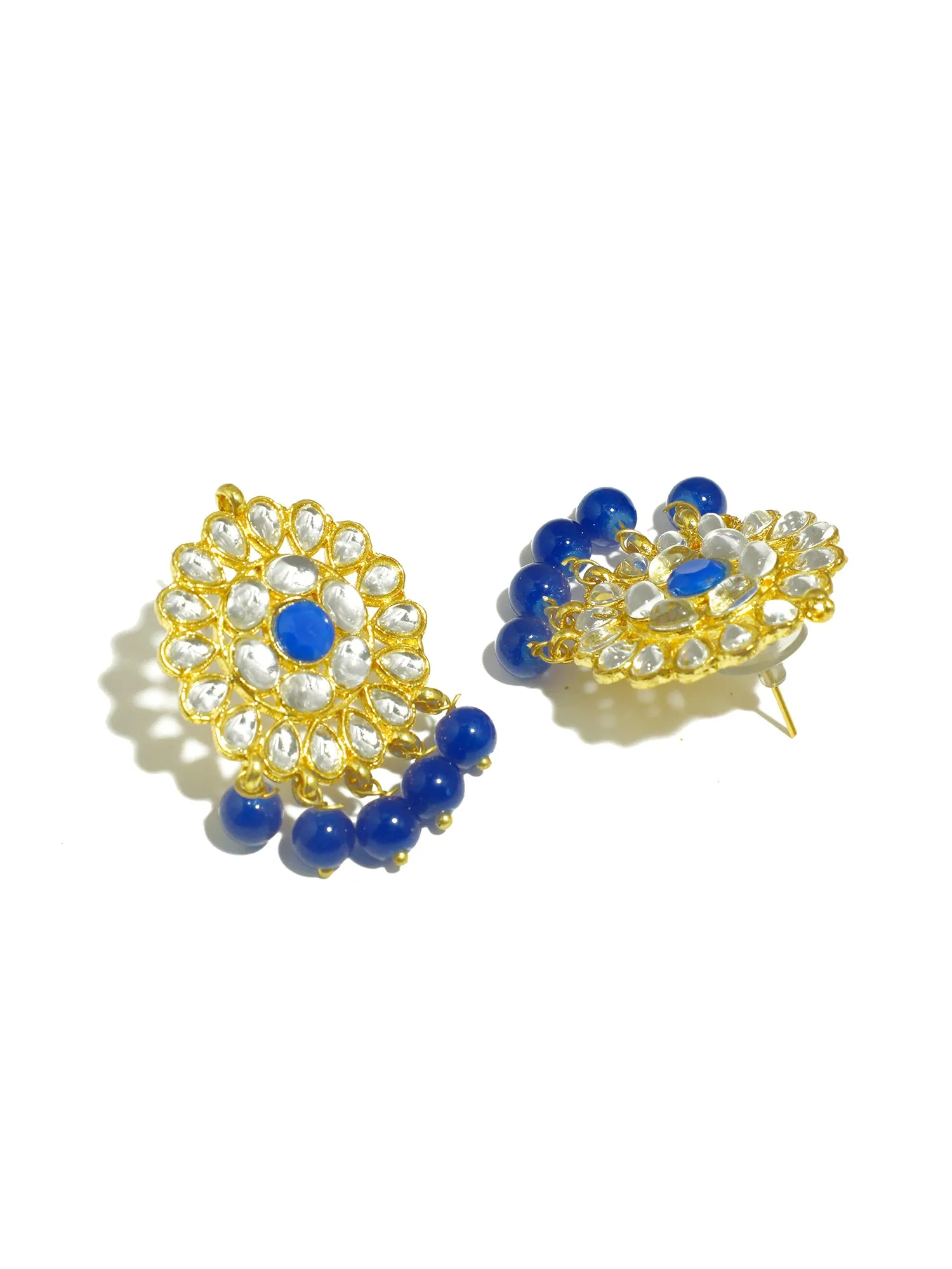 Gold Plated Blue Beads Kundan Dangler Earrings with Maangtikka for Women