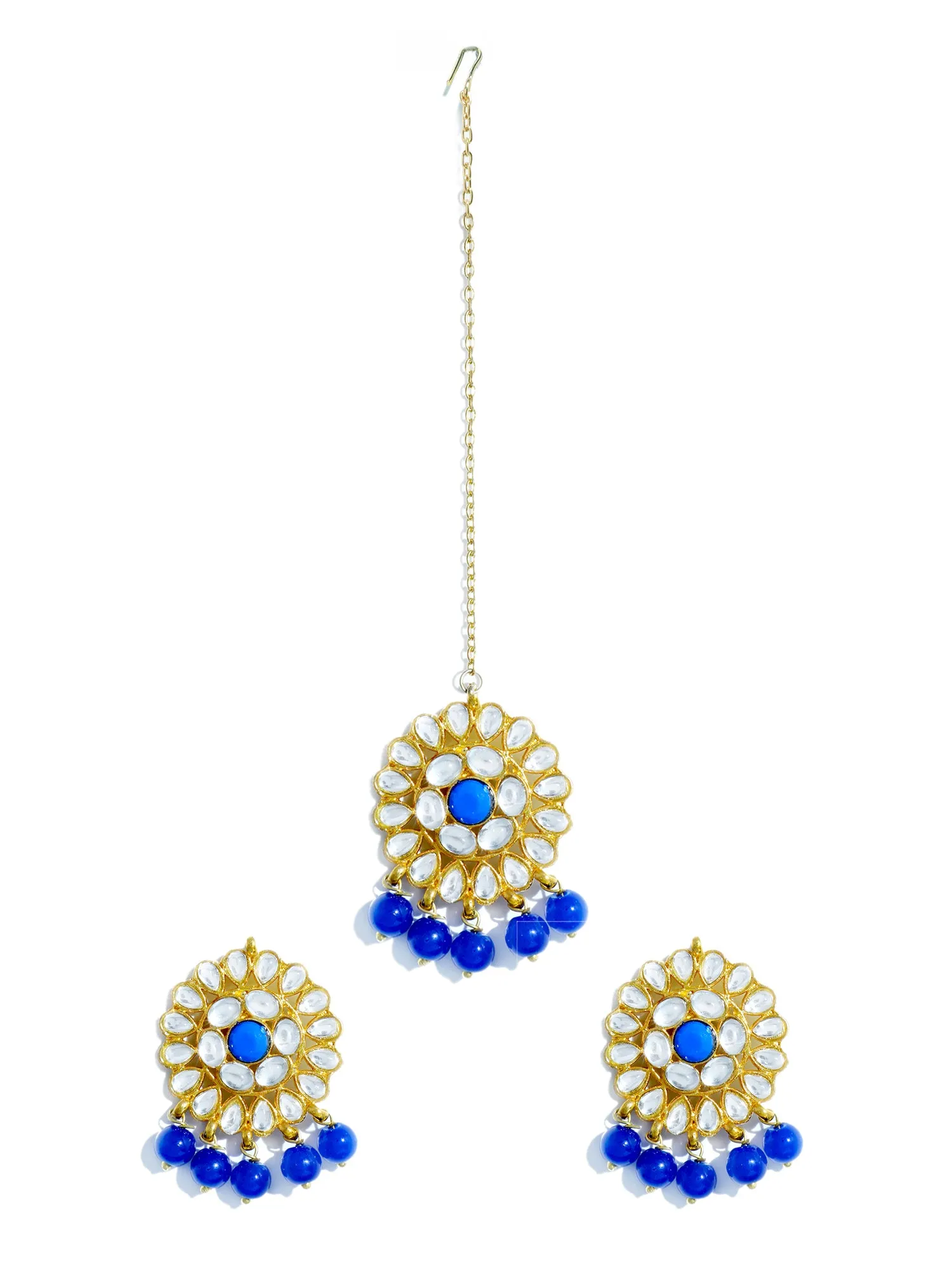 Gold Plated Blue Beads Kundan Dangler Earrings with Maangtikka for Women