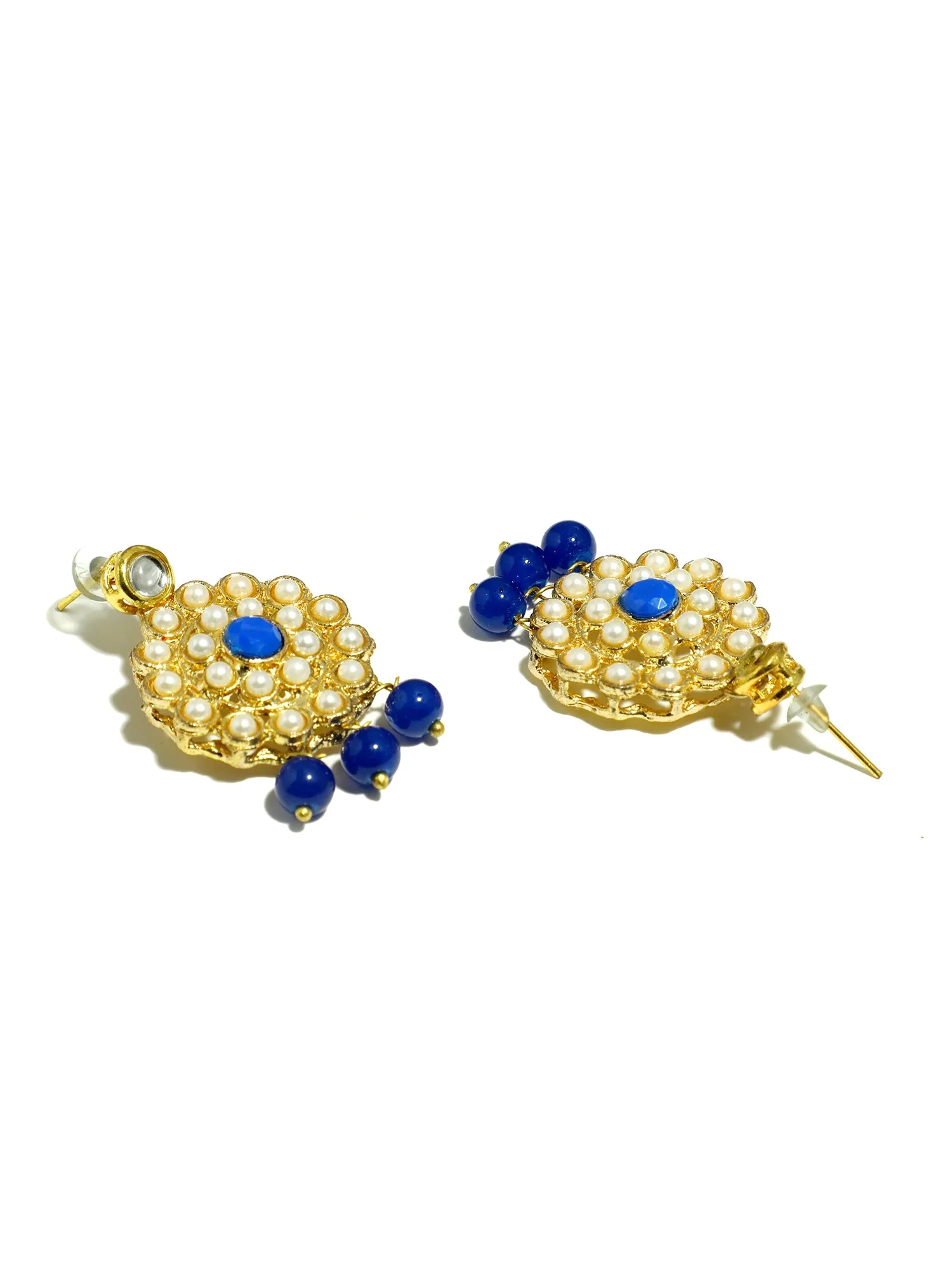 Gold Plated Blue Beads Kundan Dangler Earrings with Maangtikka for Women