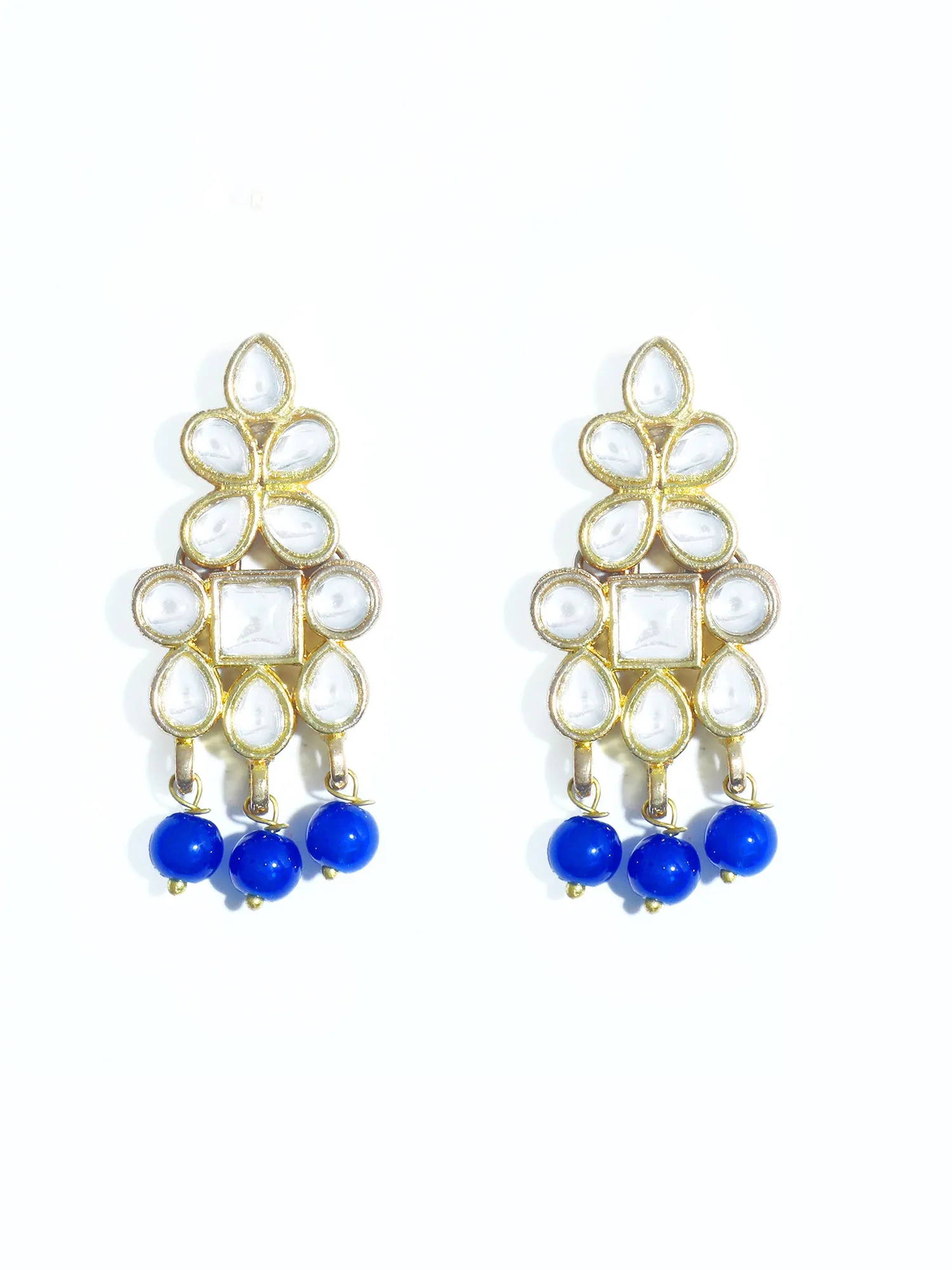 Gold Plated Blue Beads Kundan Dangler Earrings with Maangtikka for Women