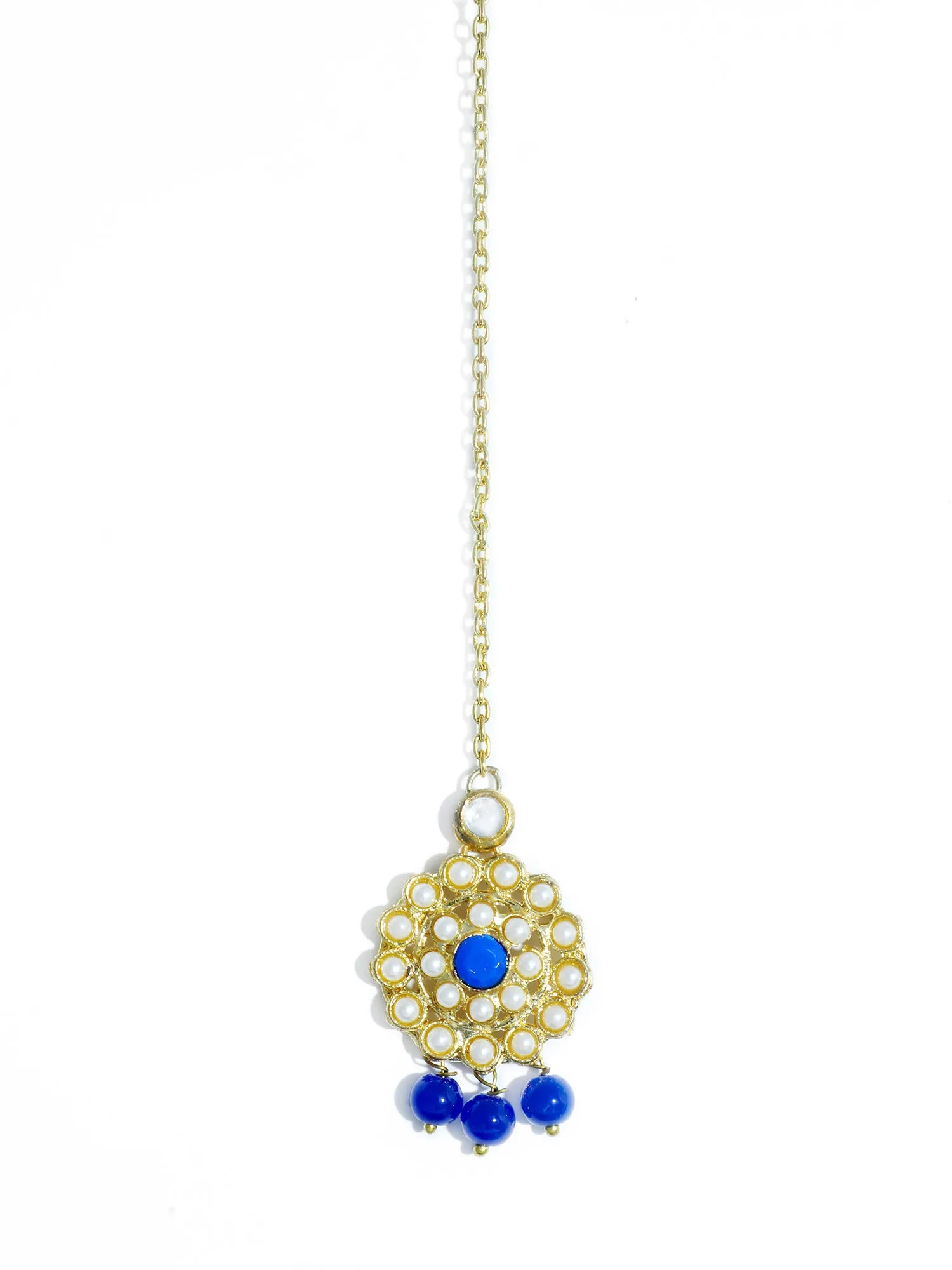 Gold Plated Blue Beads Kundan Dangler Earrings with Maangtikka for Women