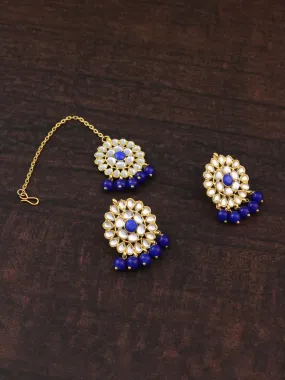 Gold Plated Blue Beads Kundan Dangler Earrings with Maangtikka for Women