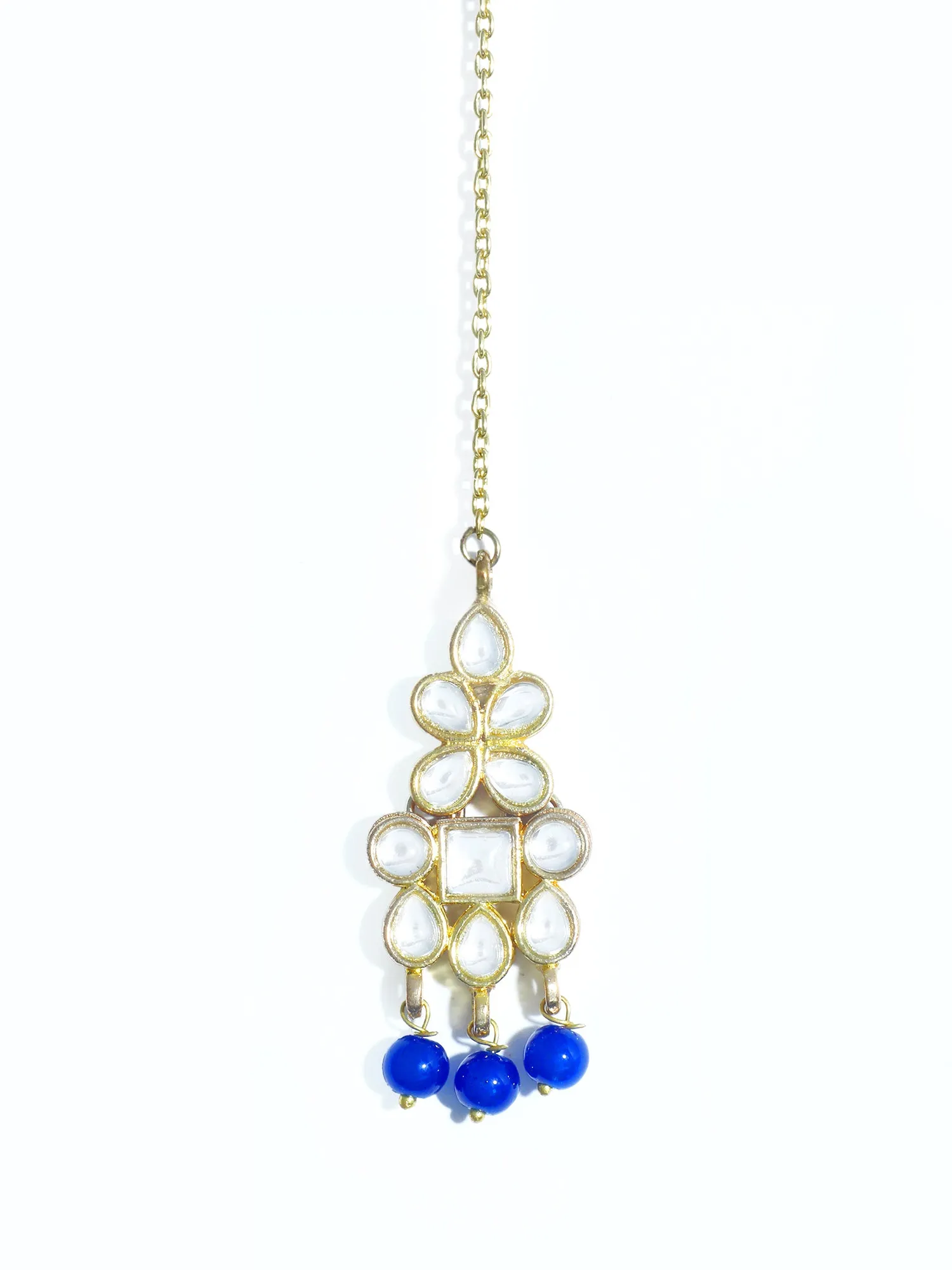 Gold Plated Blue Beads Kundan Dangler Earrings with Maangtikka for Women