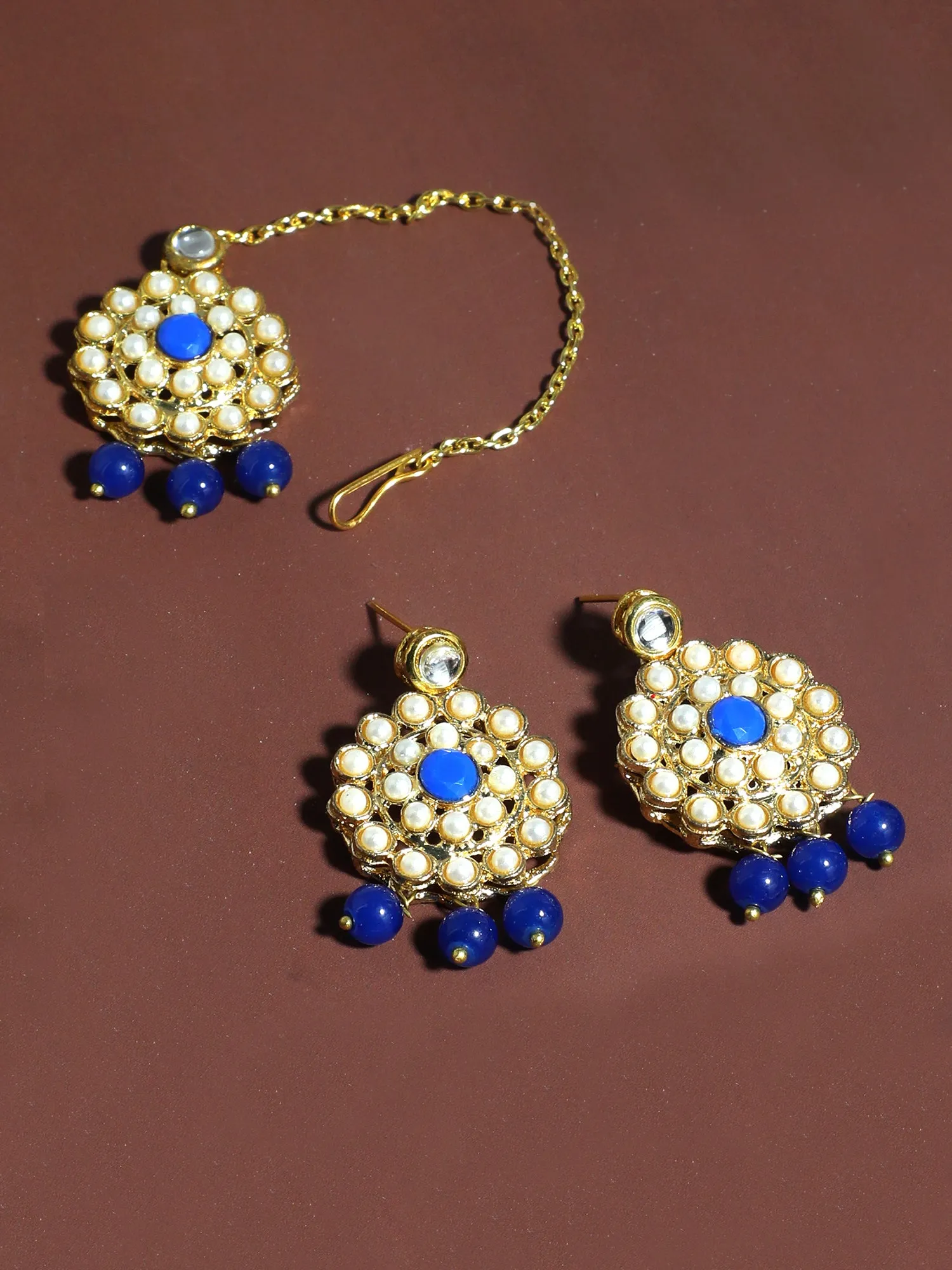 Gold Plated Blue Beads Kundan Dangler Earrings with Maangtikka for Women