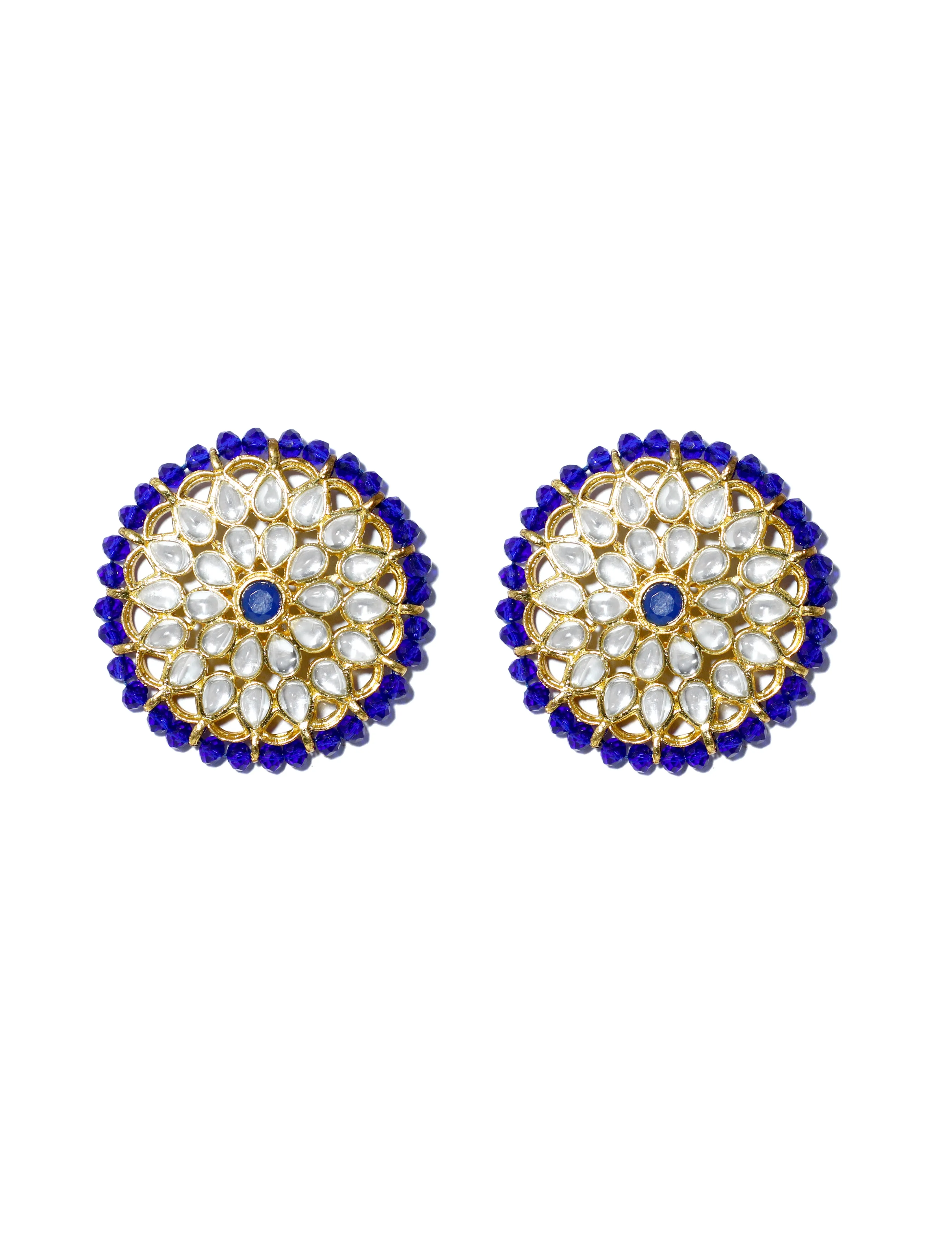 Gold Plated Blue Beads Kundan Stud Earrings with Maangtikka