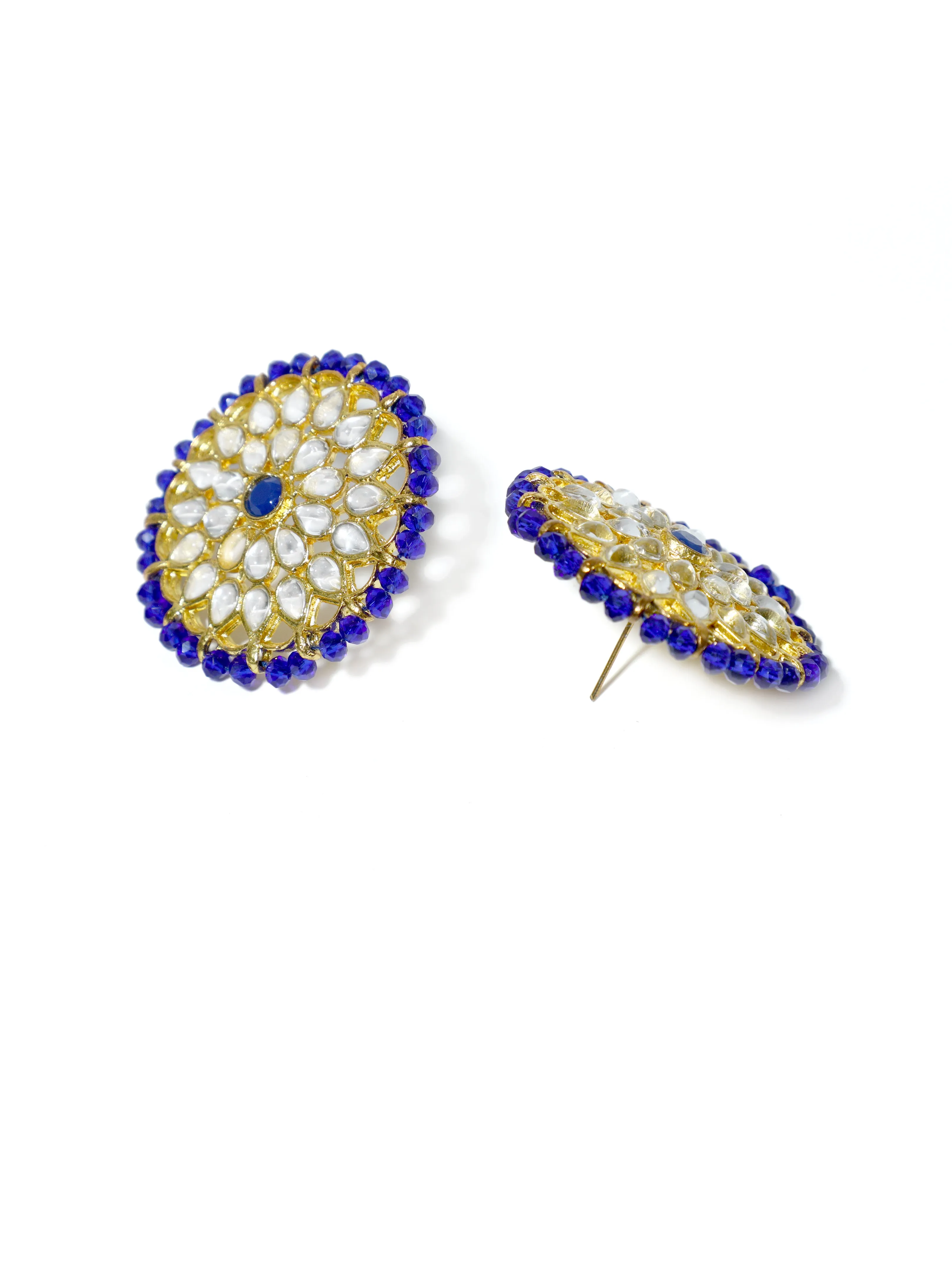 Gold Plated Blue Beads Kundan Stud Earrings