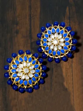 Gold Plated Blue Beads Kundan Stud Earrings