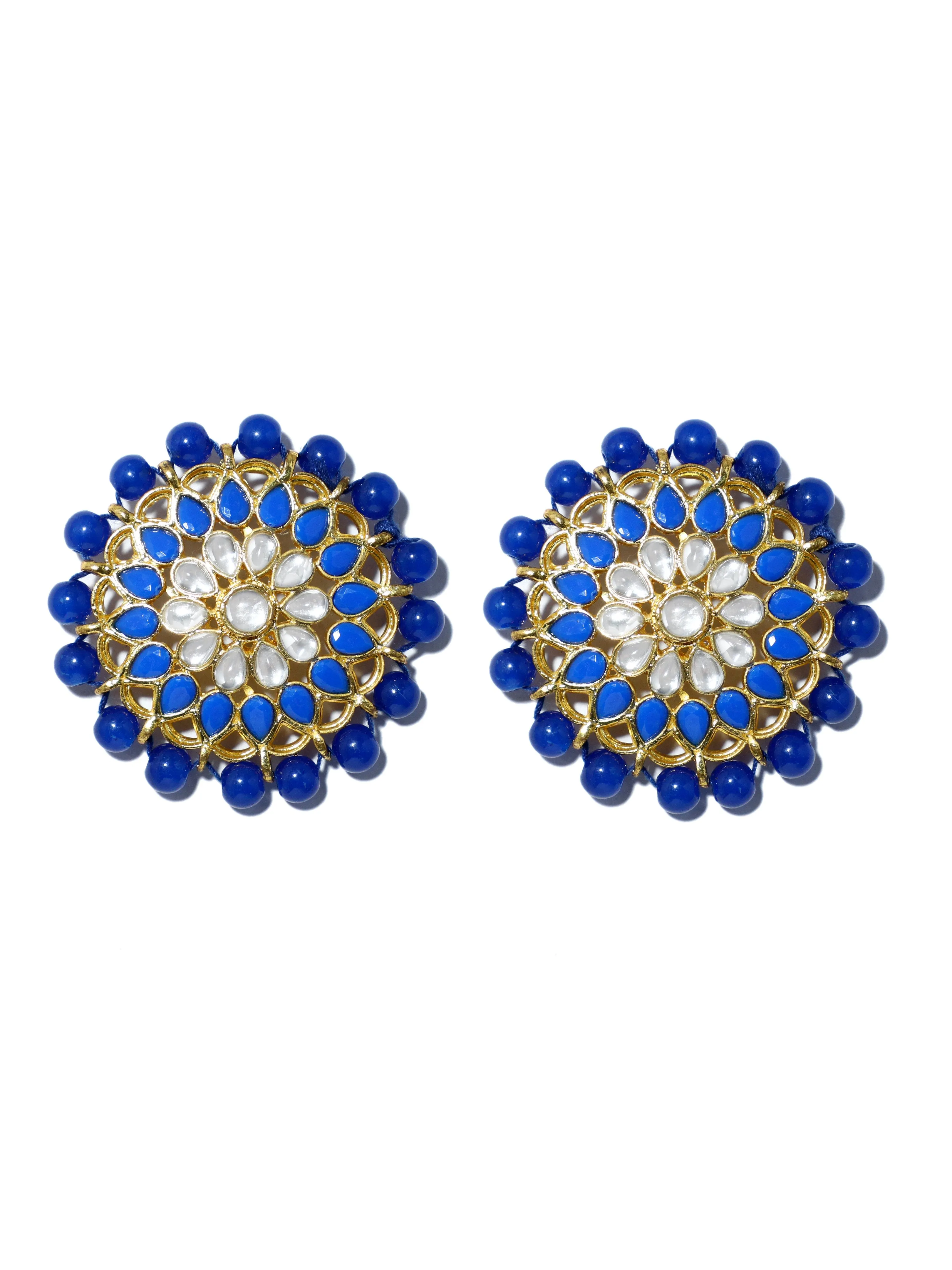 Gold Plated Blue Beads Kundan Stud Earrings