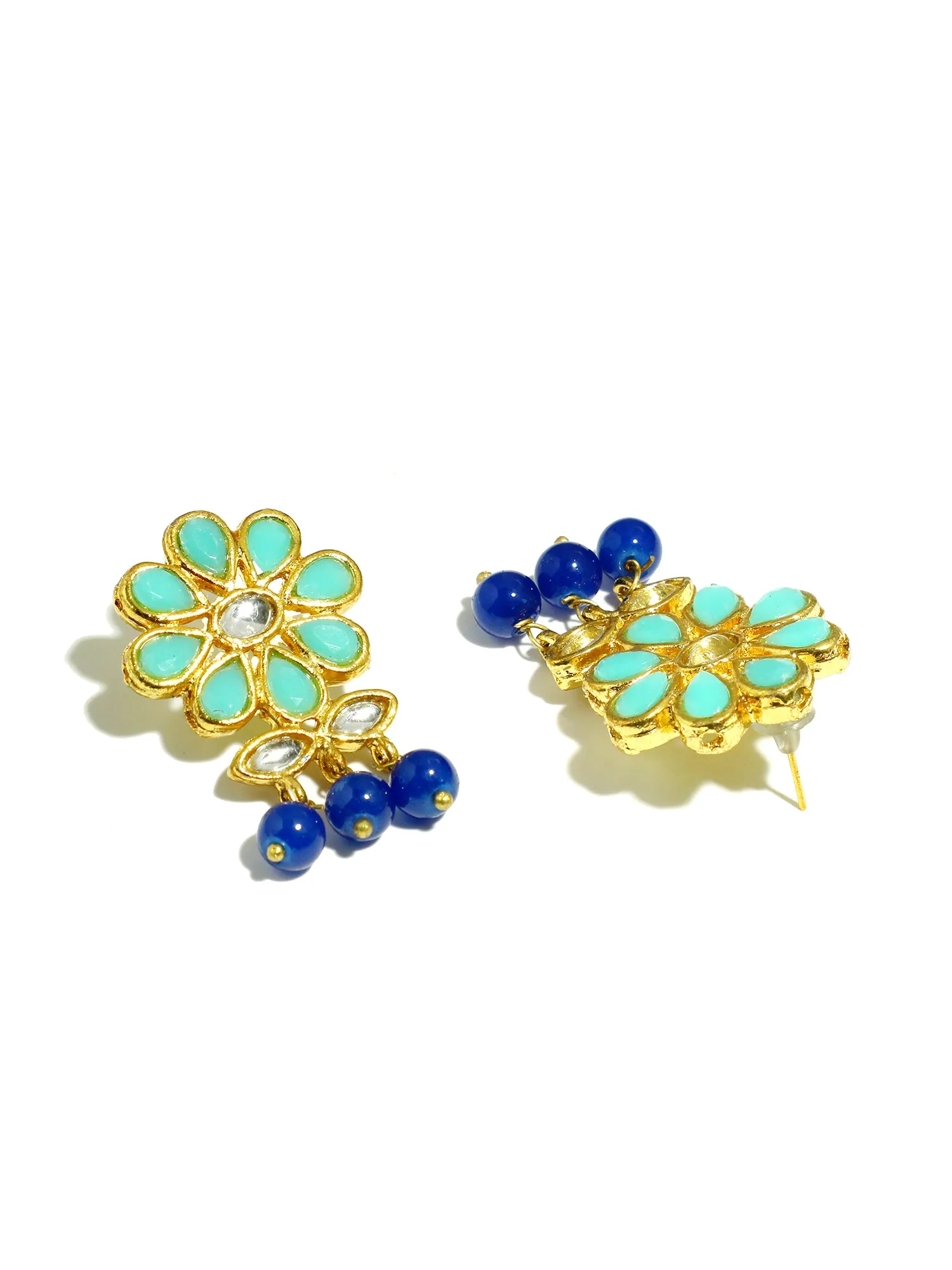 Gold Plated Blue Beads Mint Blue Kundan Dangler Earrings for Women