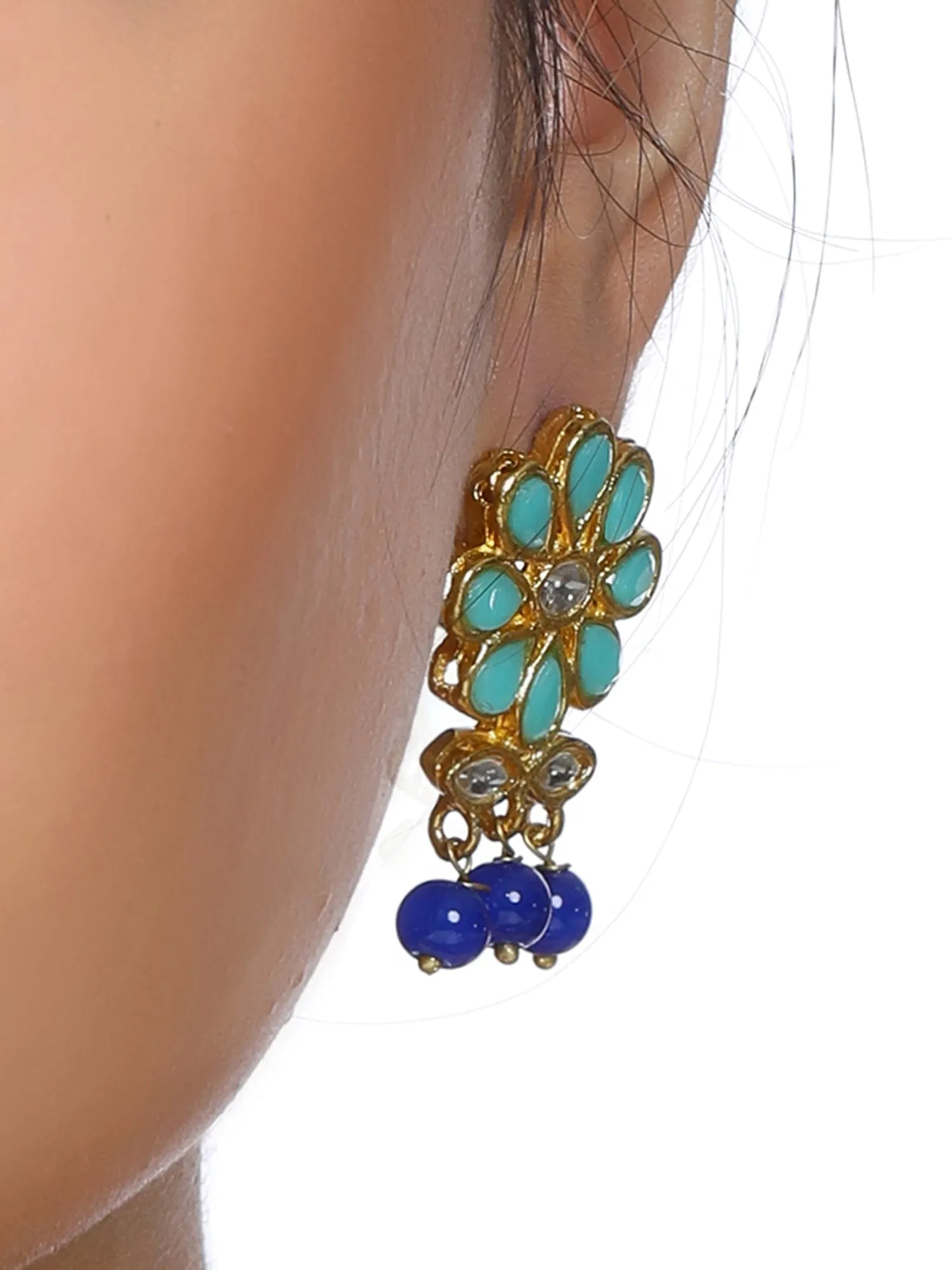 Gold Plated Blue Beads Mint Blue Kundan Dangler Earrings for Women