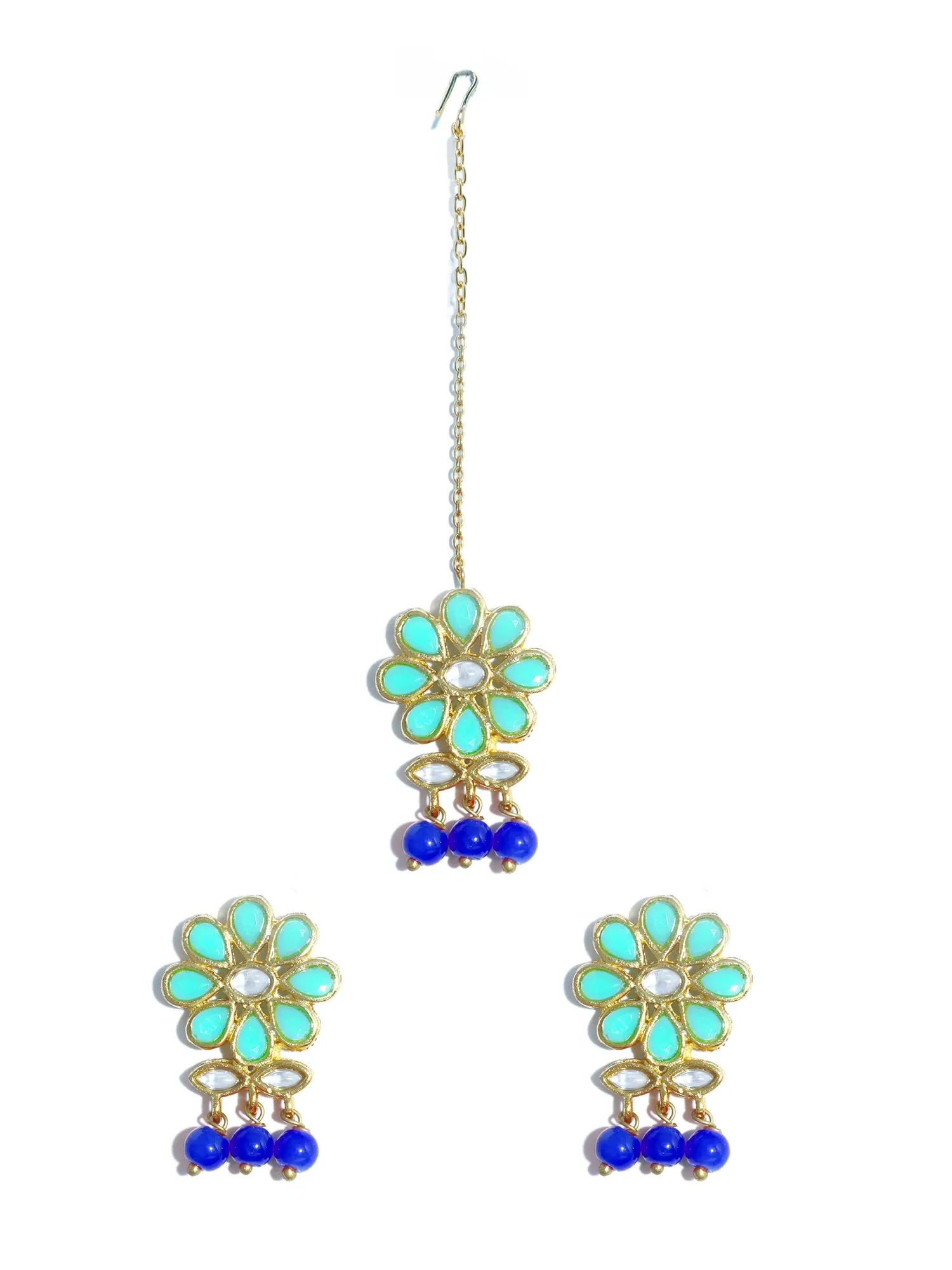 Gold Plated Blue Beads Mint Blue Kundan Dangler Earrings with Maangtikka for Women