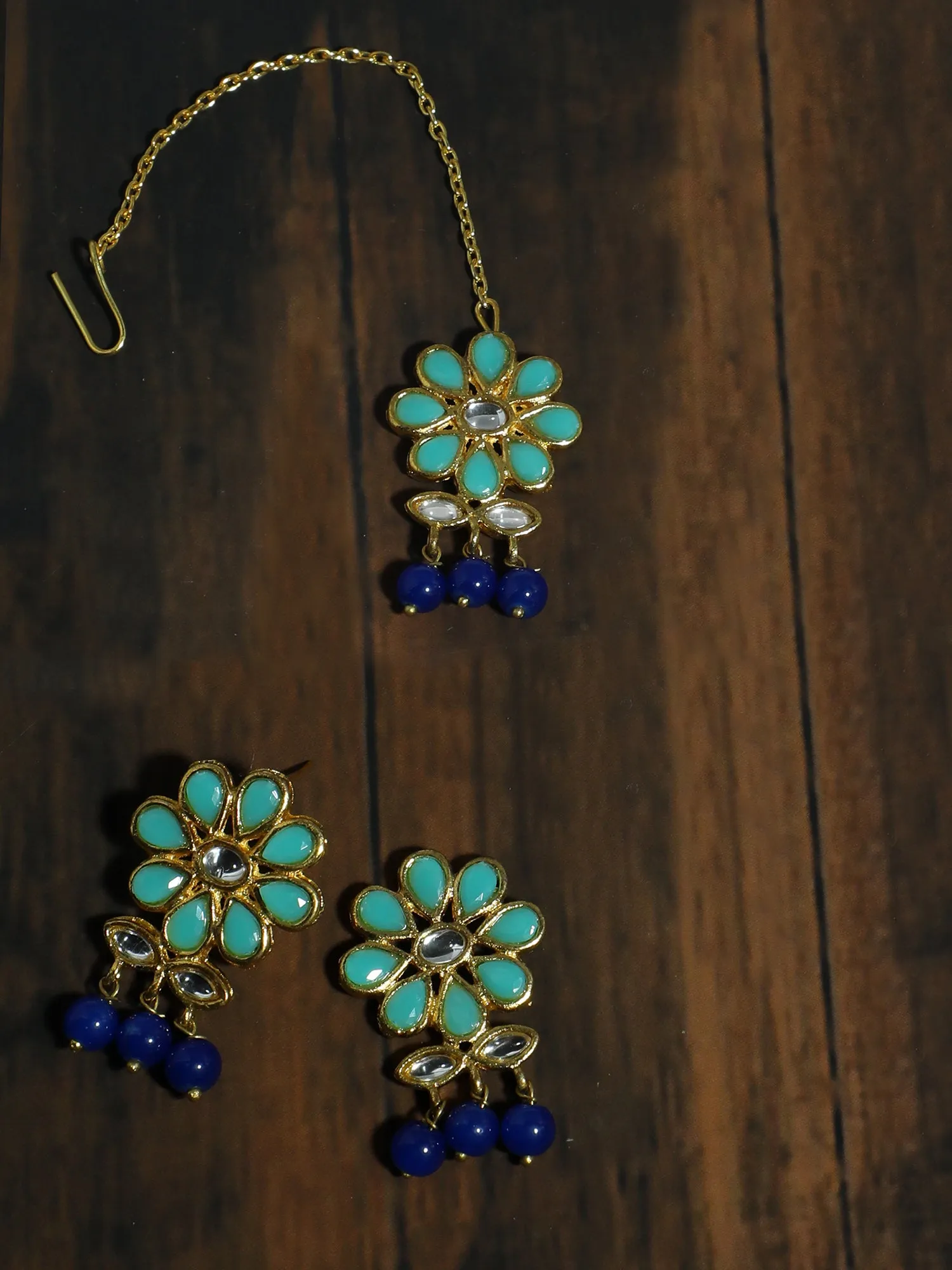 Gold Plated Blue Beads Mint Blue Kundan Dangler Earrings with Maangtikka for Women