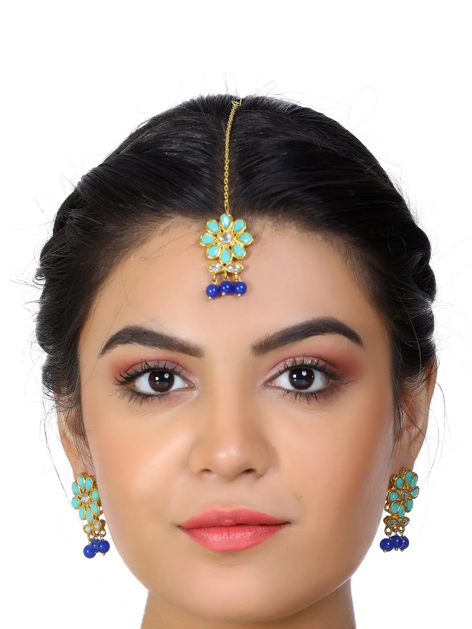 Gold Plated Blue Beads Mint Blue Kundan Dangler Earrings with Maangtikka for Women