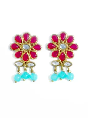 Gold Plated Blue Beads Red Kundan Dangler Earrings for Women