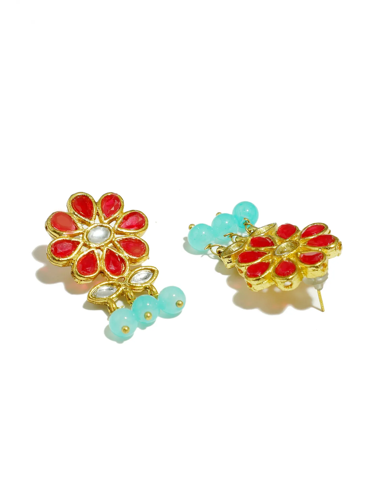 Gold Plated Blue Beads Red Kundan Dangler Earrings for Women