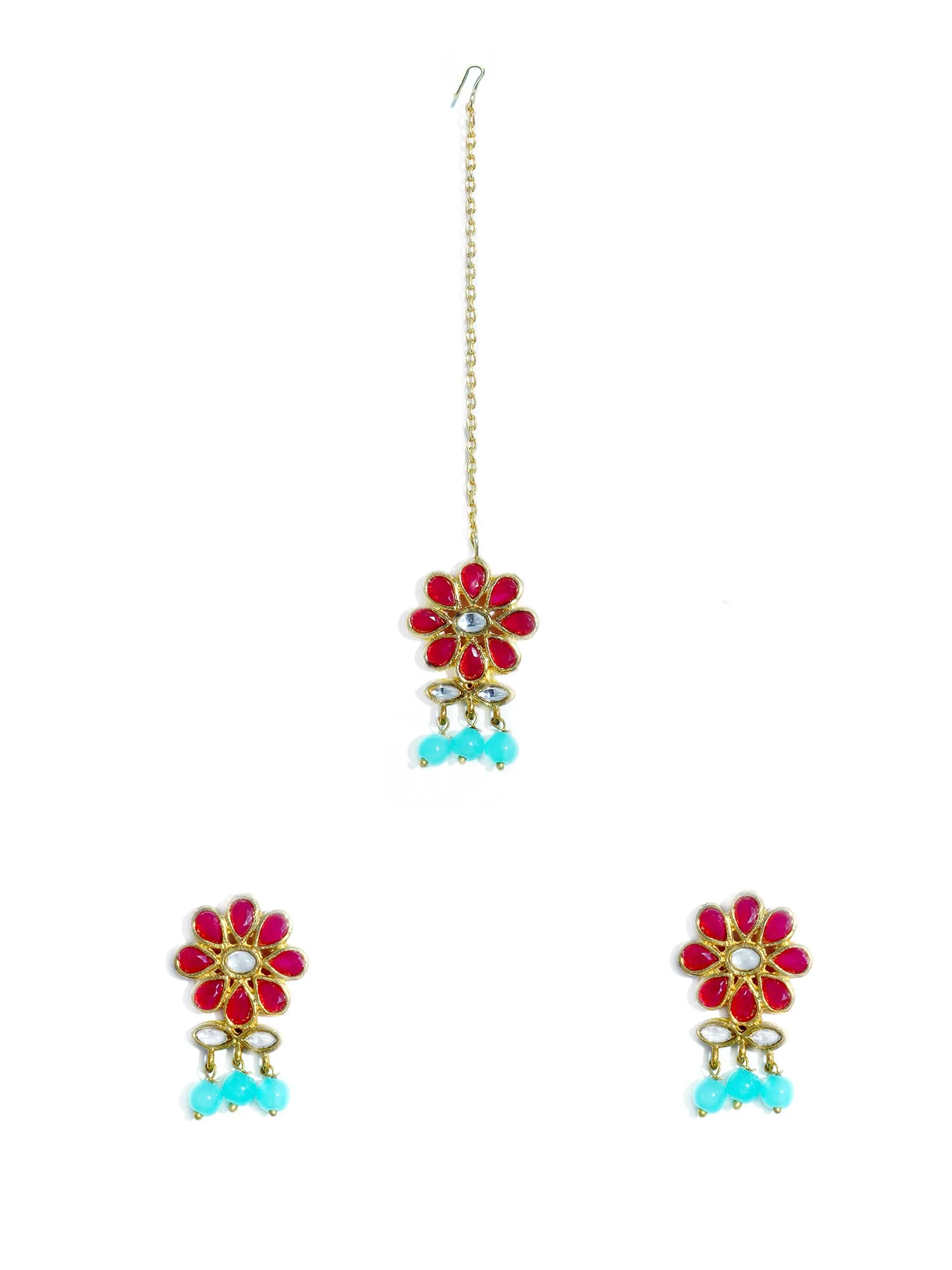 Gold Plated Blue Beads Red Kundan Dangler Earrings with Maangtikka for Women