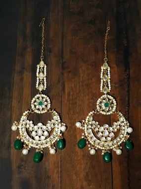 Gold Plated Green and Pearl Beads Kundan Chandbali Earrings