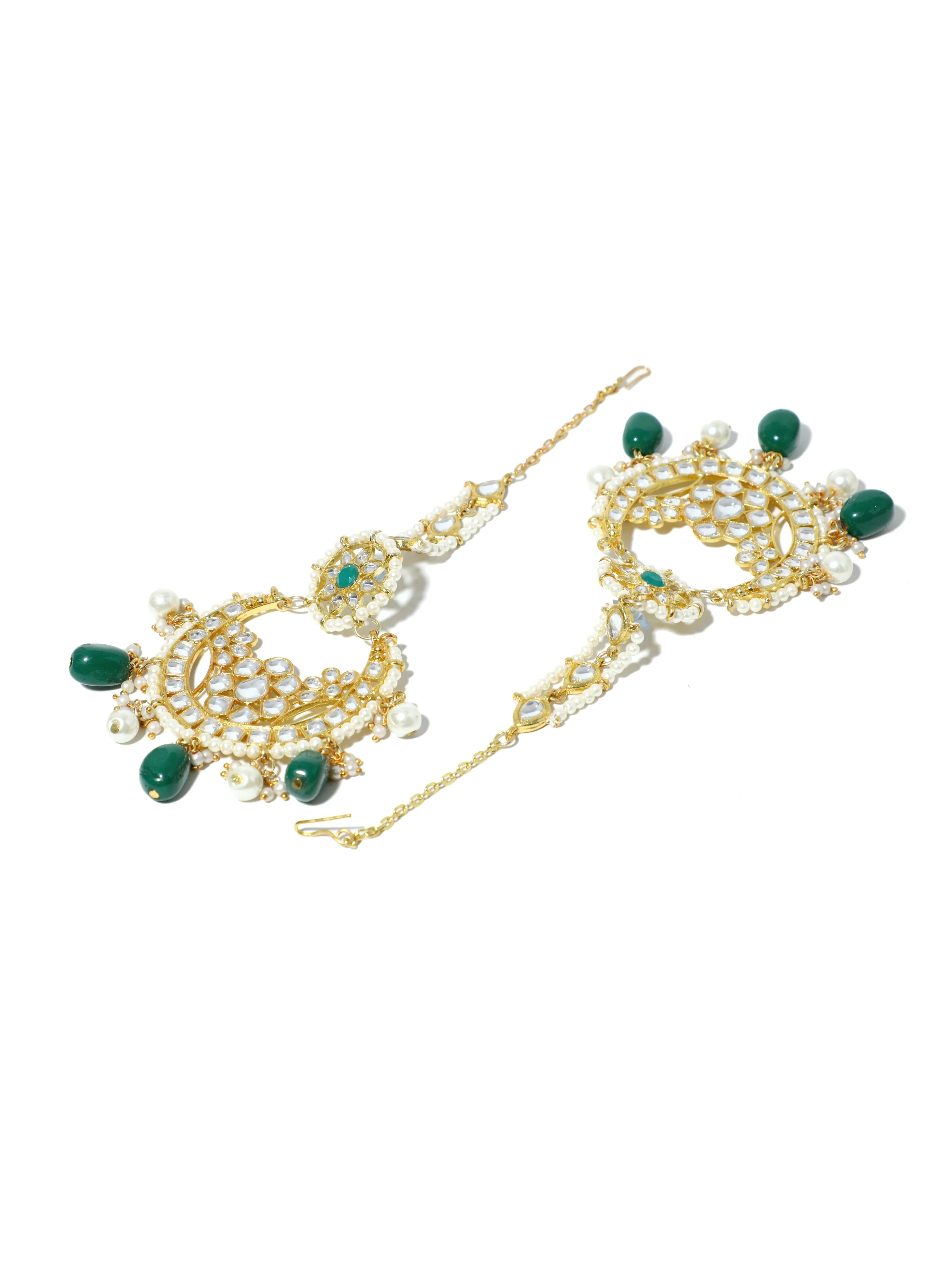 Gold Plated Green and Pearl Beads Kundan Chandbali Earrings