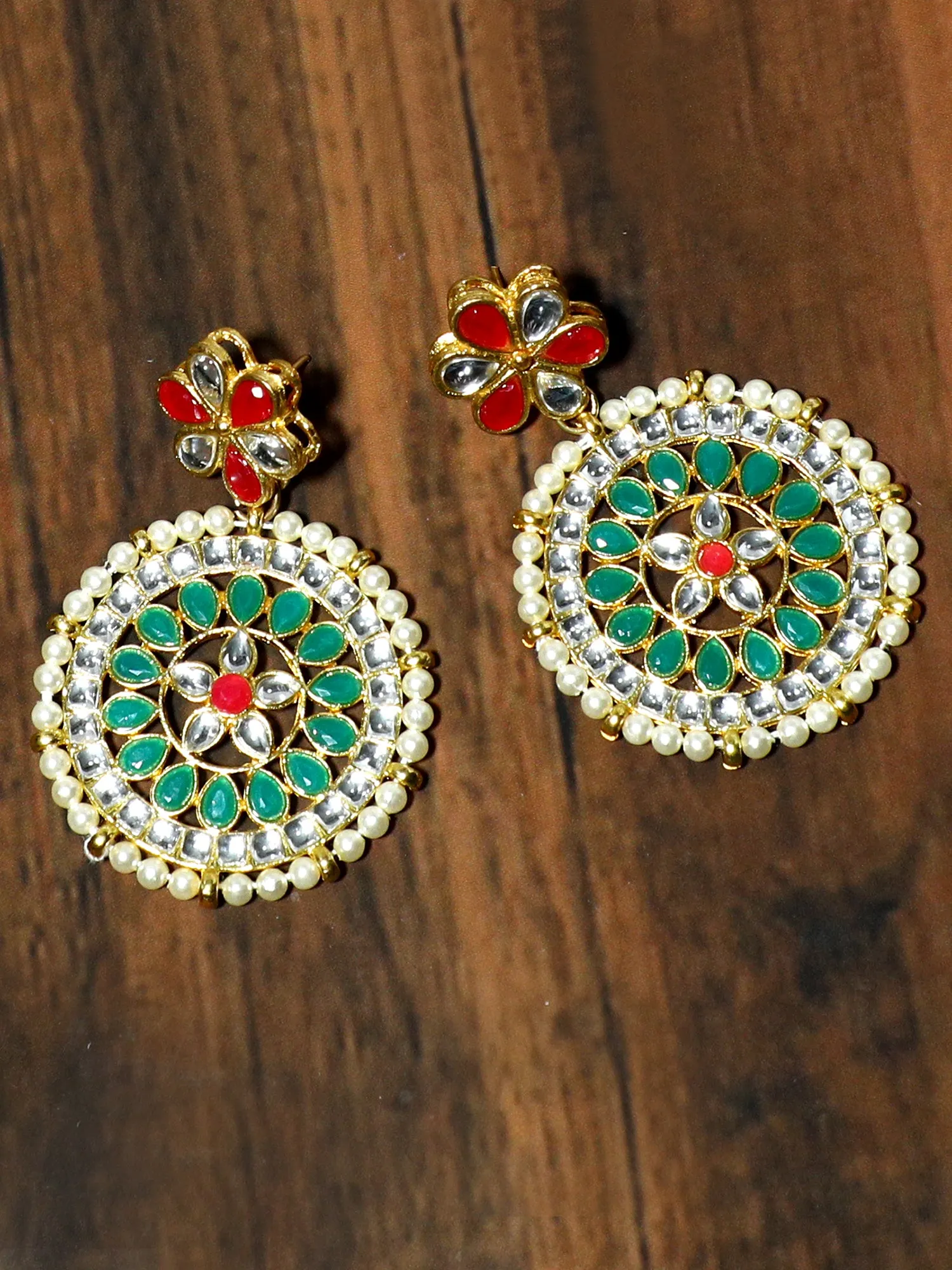 Gold Plated Green and Pearl Beads Kundan Dangler Earrings