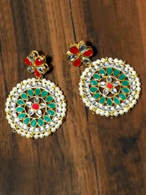 Gold Plated Green and Pearl Beads Kundan Dangler Earrings