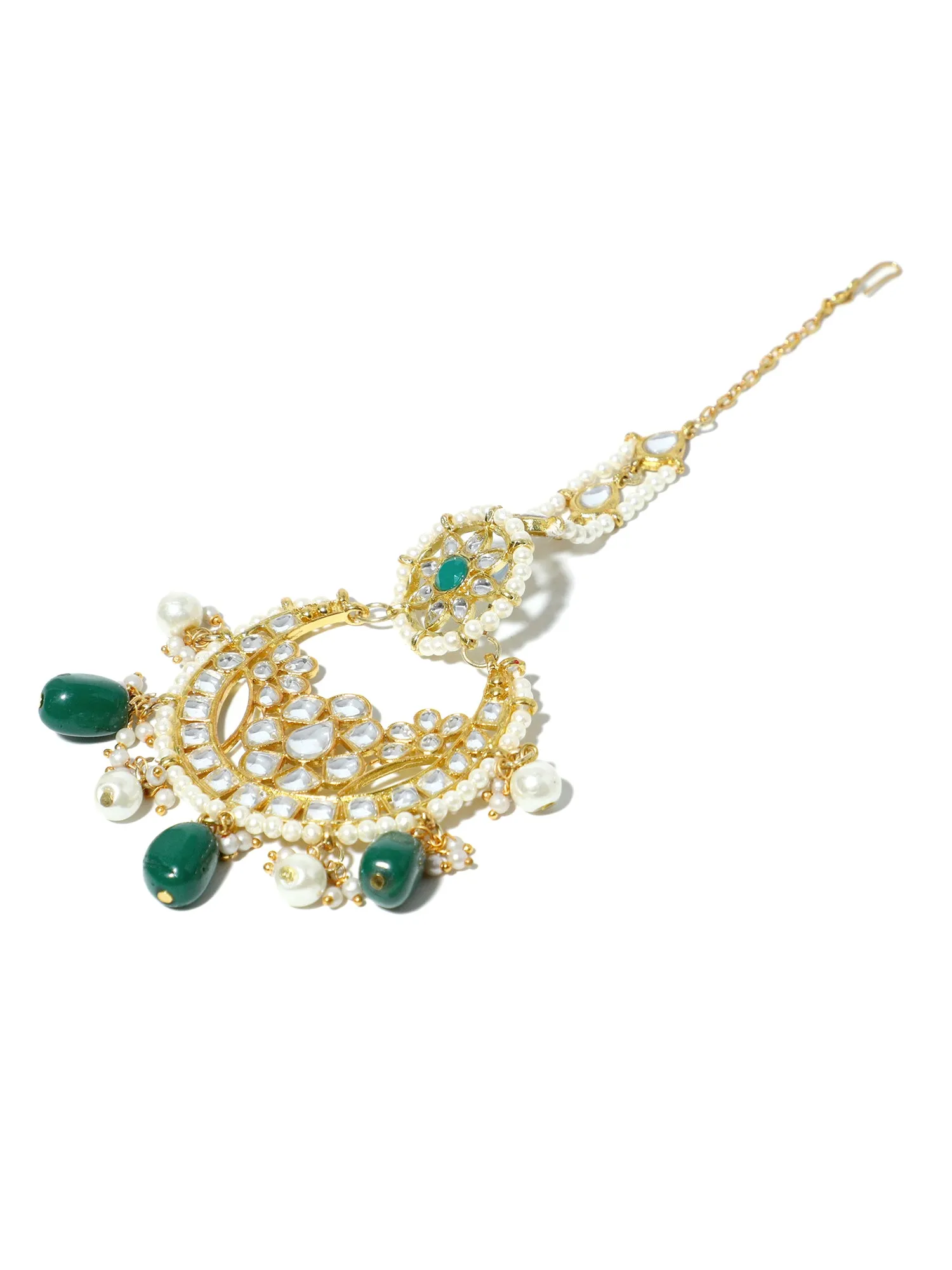 Gold Plated Green and Pearl Beads Kundan Maangtikka