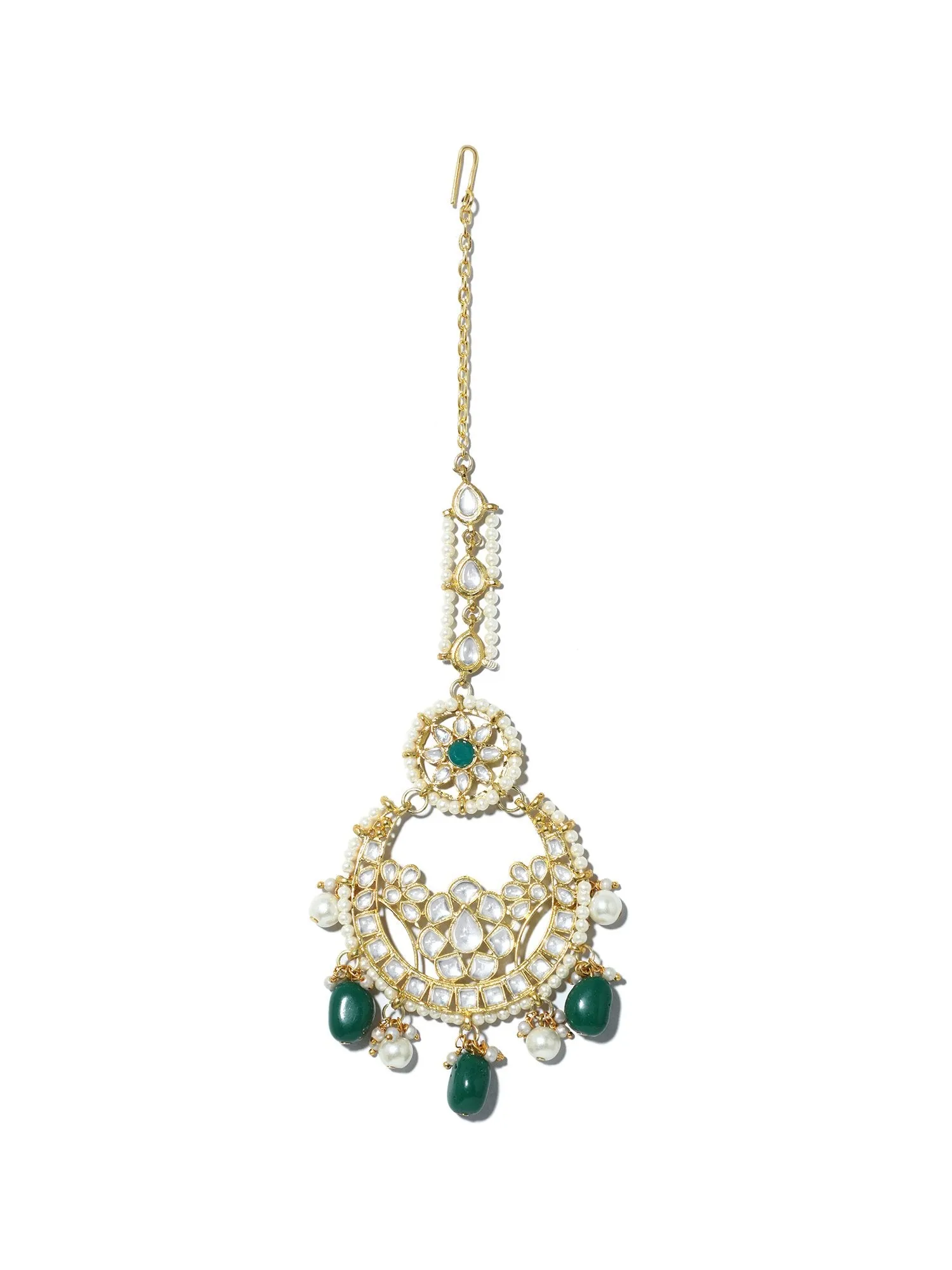 Gold Plated Green and Pearl Beads Kundan Maangtikka