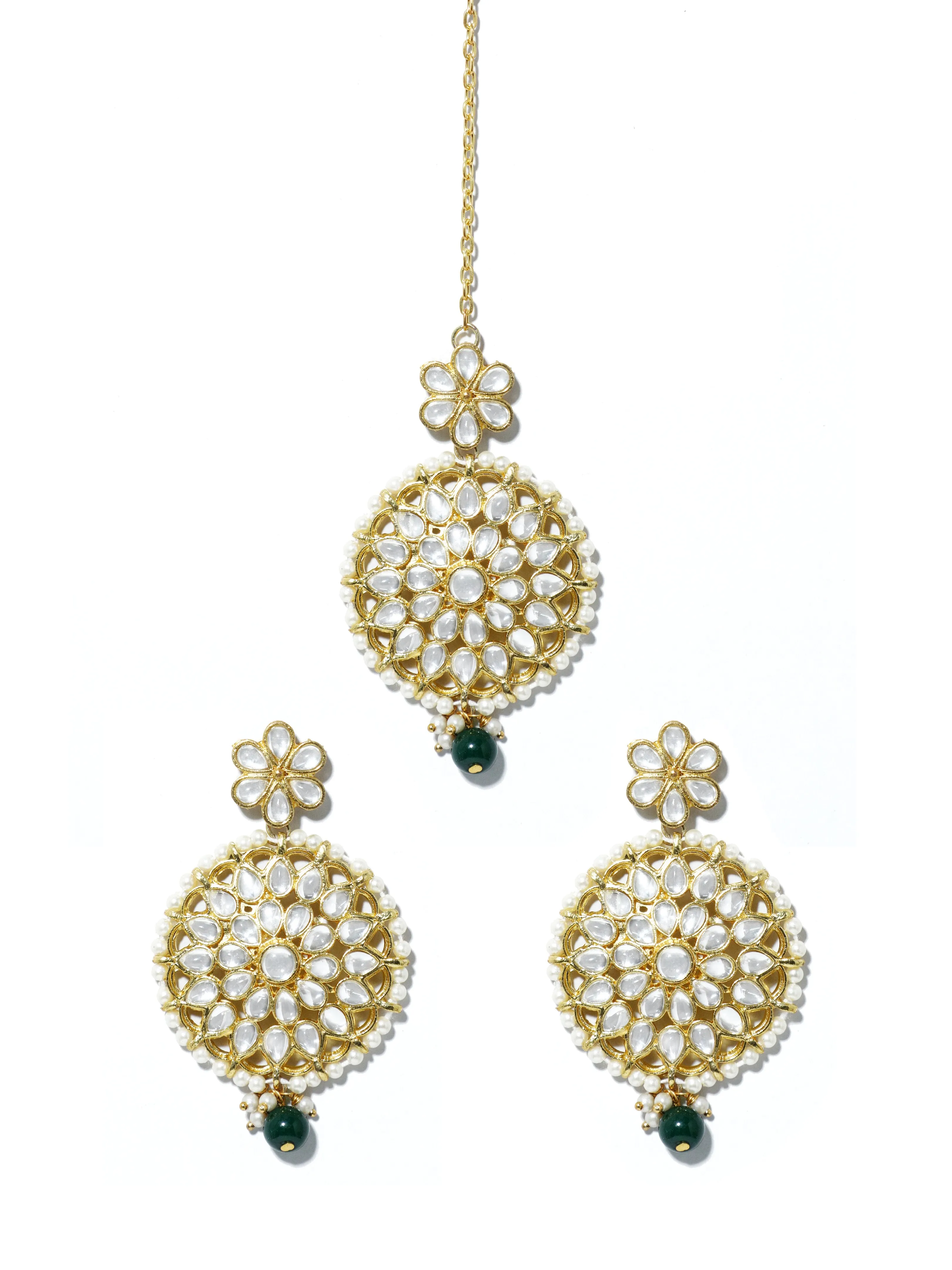 Gold Plated Green Bead Kundan Dangler Earrings with Maangtikka