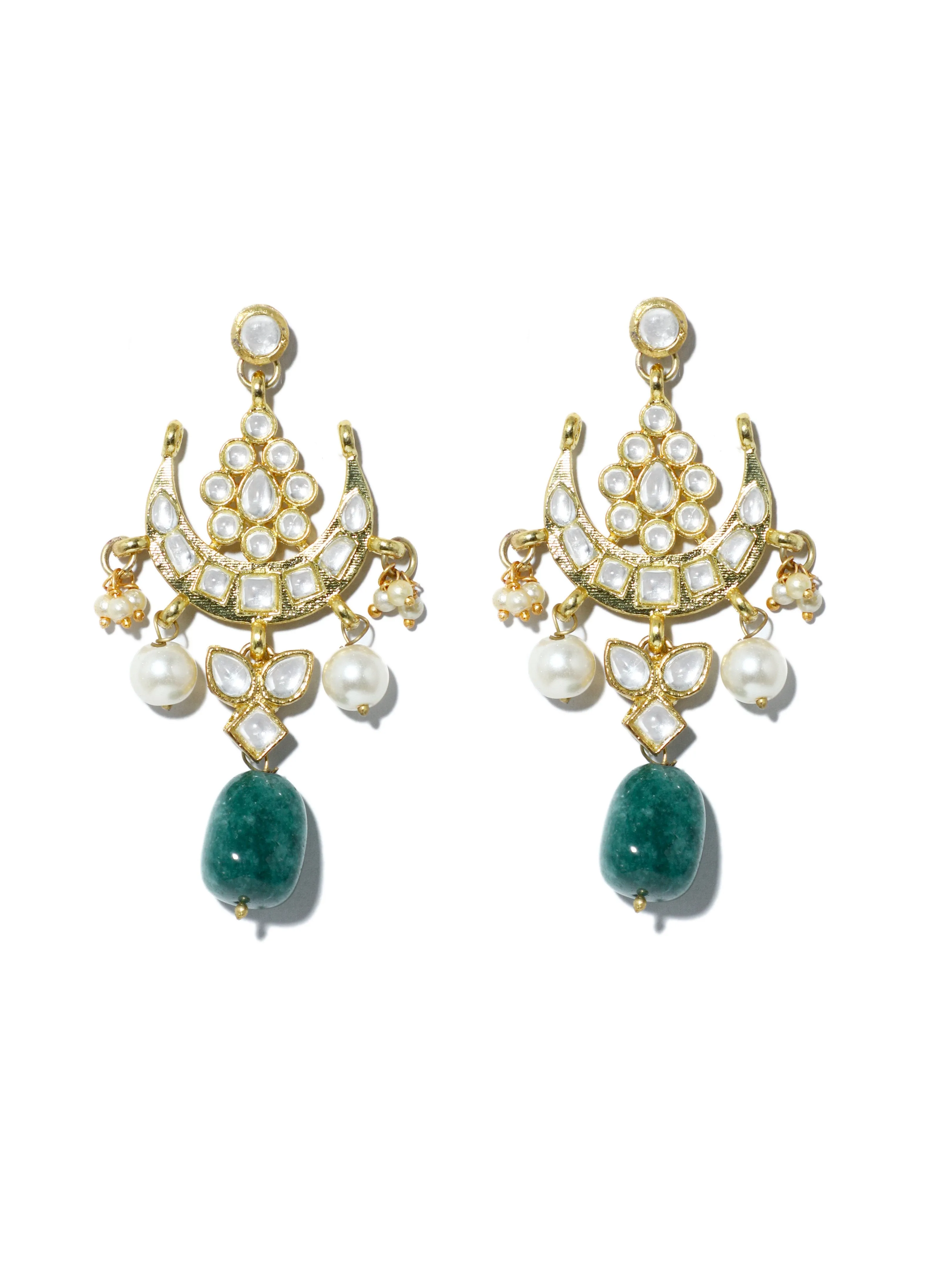 Gold Plated Green Bead Kundan Dangler Earrings