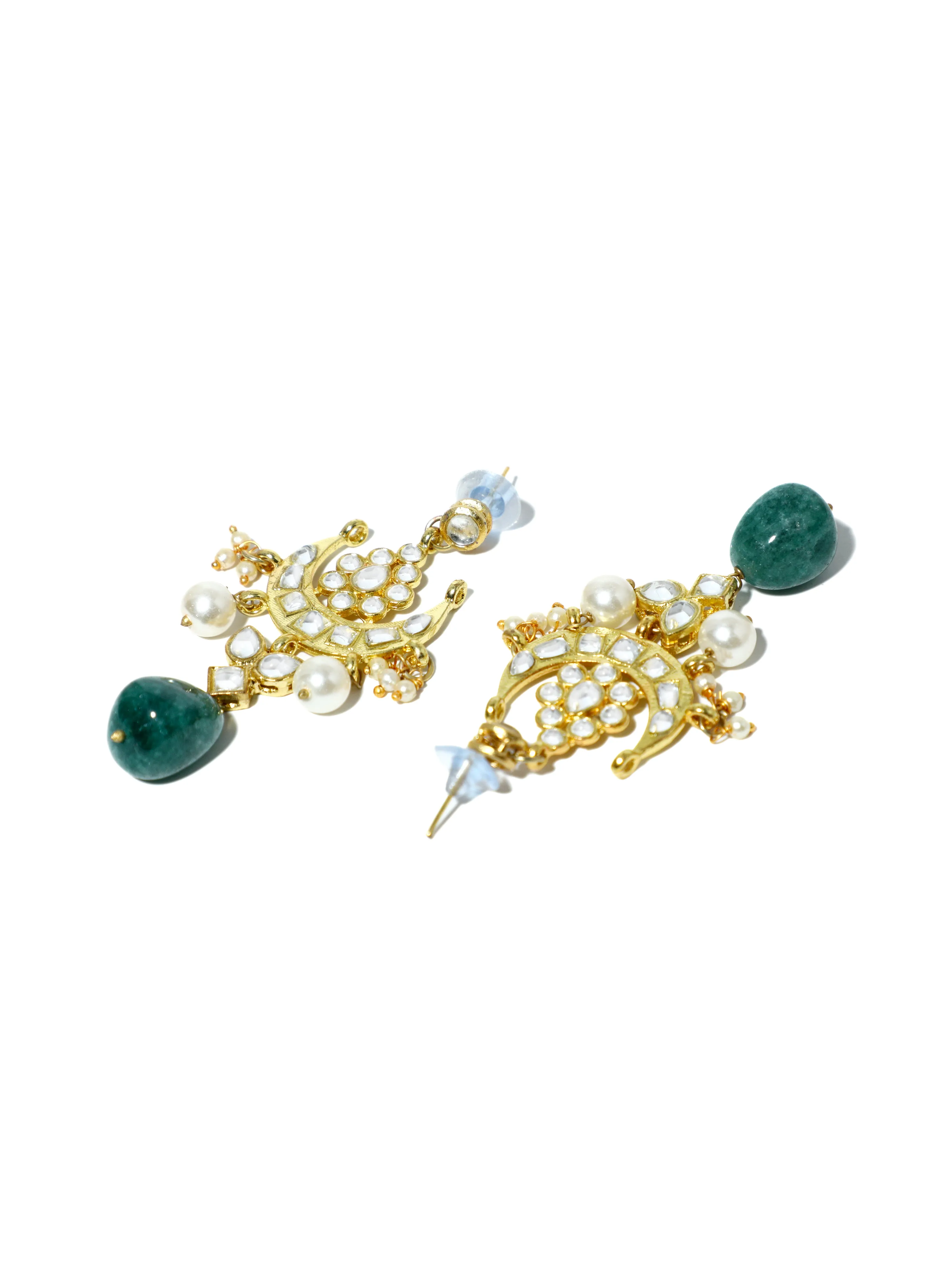 Gold Plated Green Bead Kundan Dangler Earrings