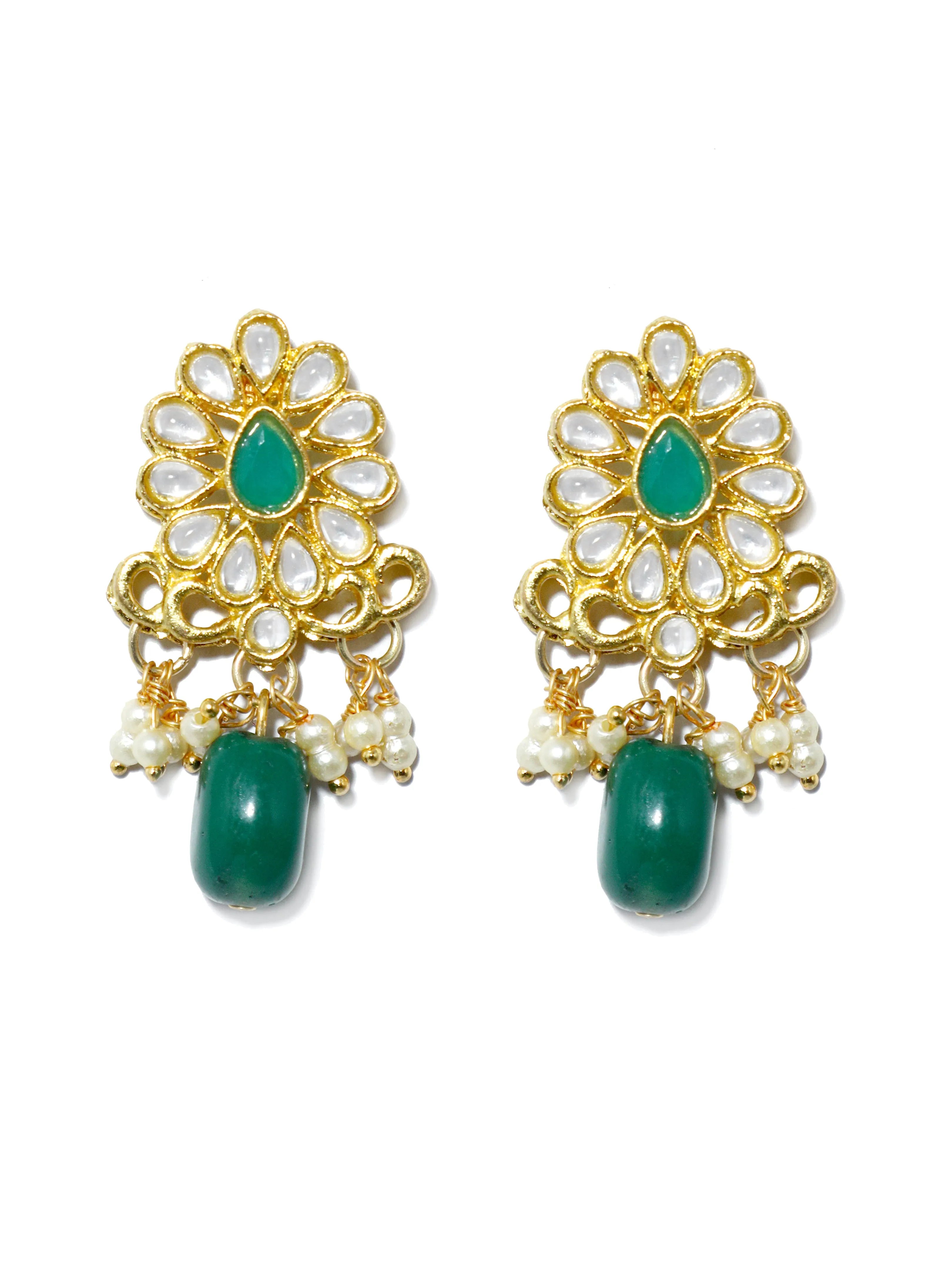 Gold Plated Green Bead Kundan Earrings Dangler with Maangtikka