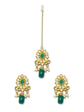 Gold Plated Green Bead Kundan Earrings Dangler with Maangtikka