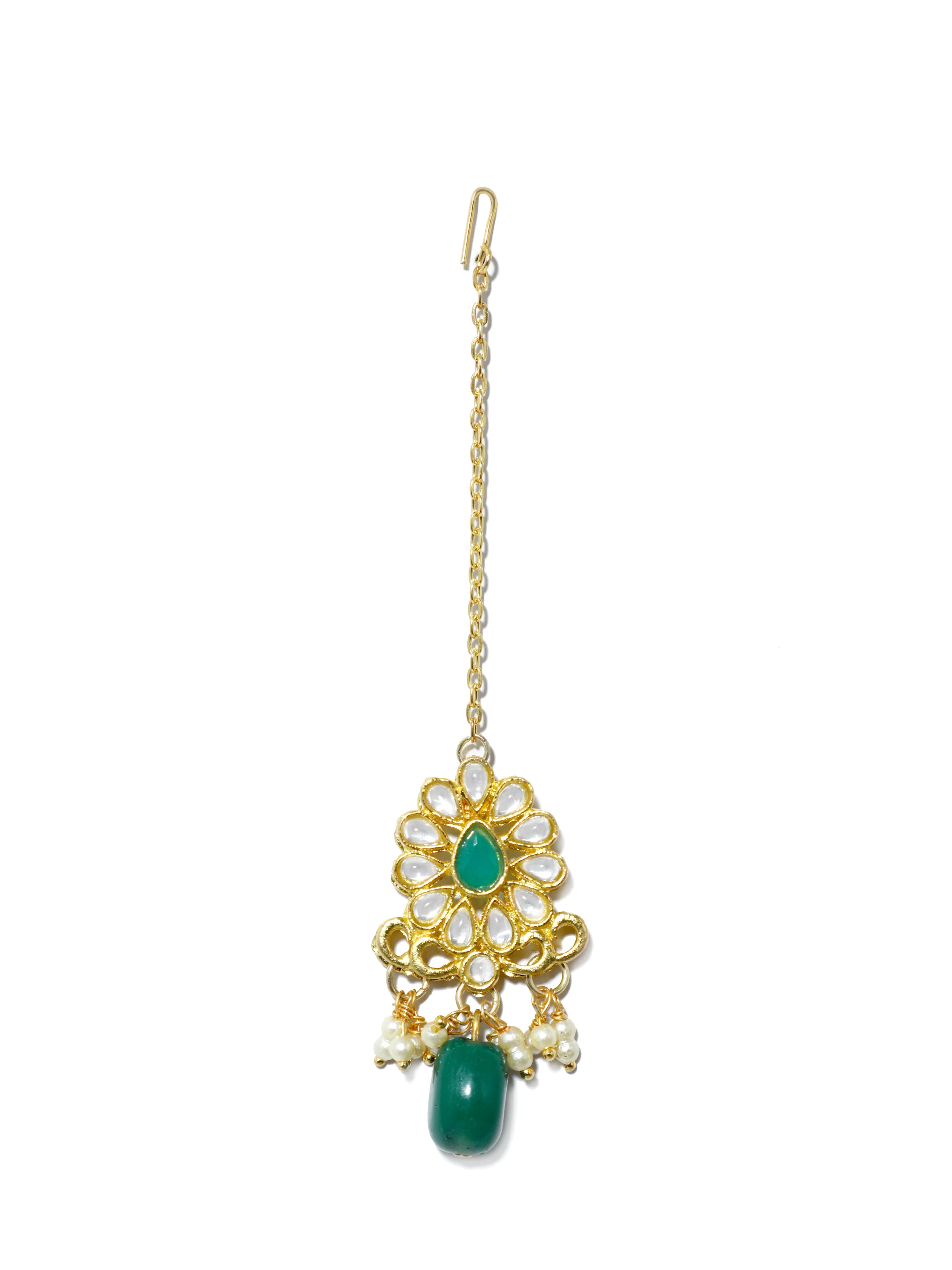 Gold Plated Green Bead Kundan Earrings Dangler with Maangtikka