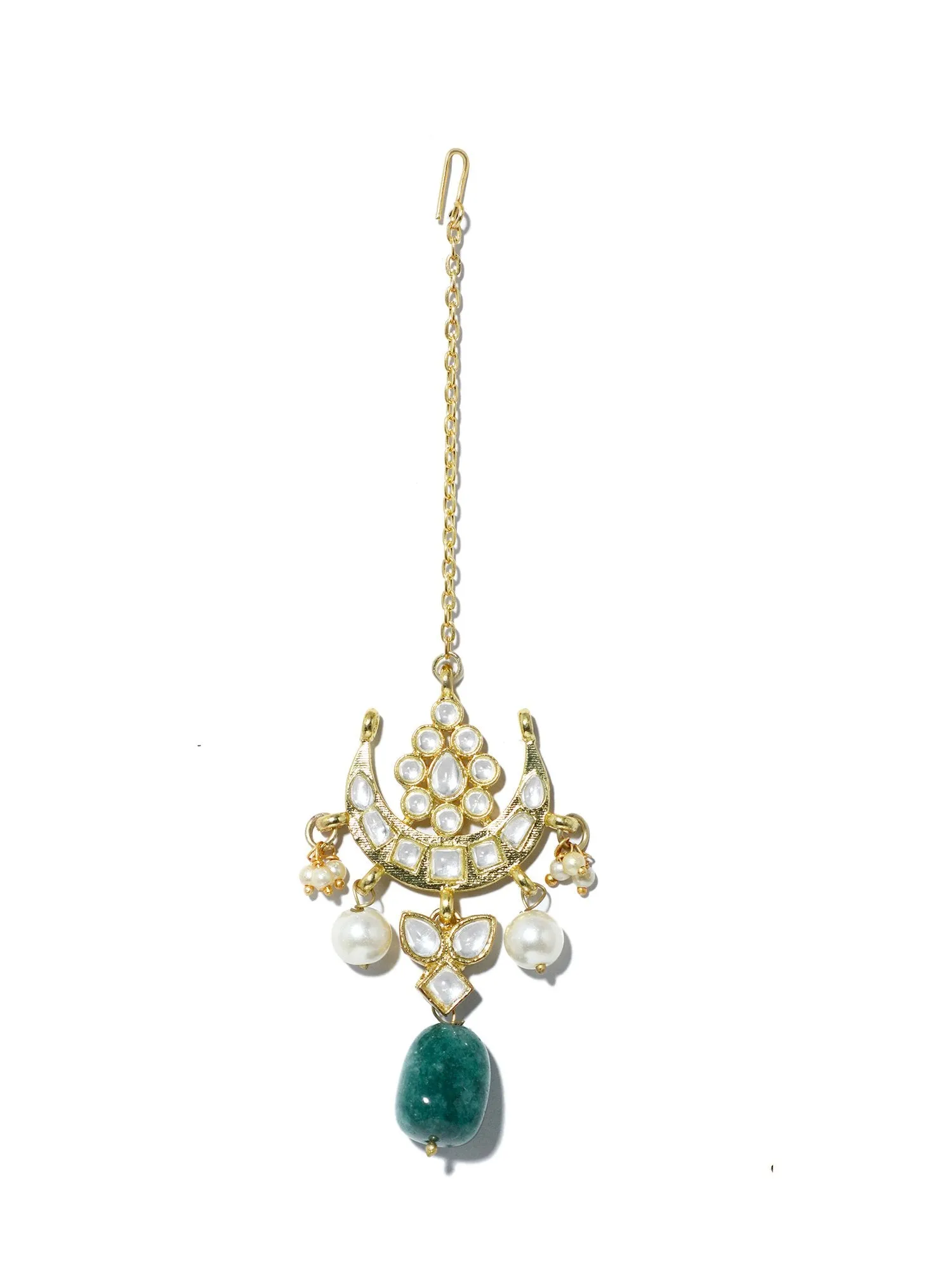 Gold Plated Green Bead Kundan Maangtikka