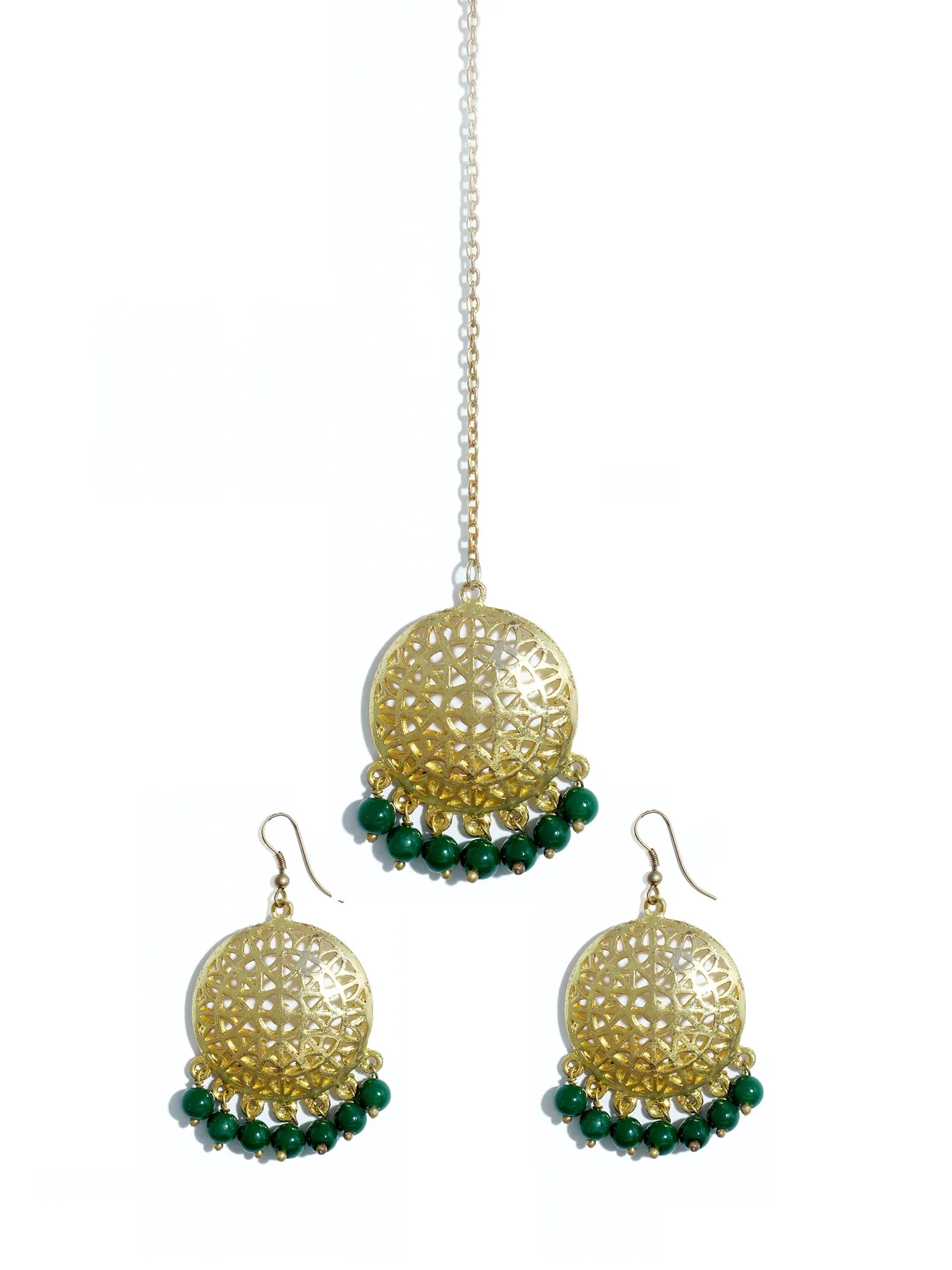 Gold Plated Green Beads Kundan Dangler Earrings with Maangtikka for Women