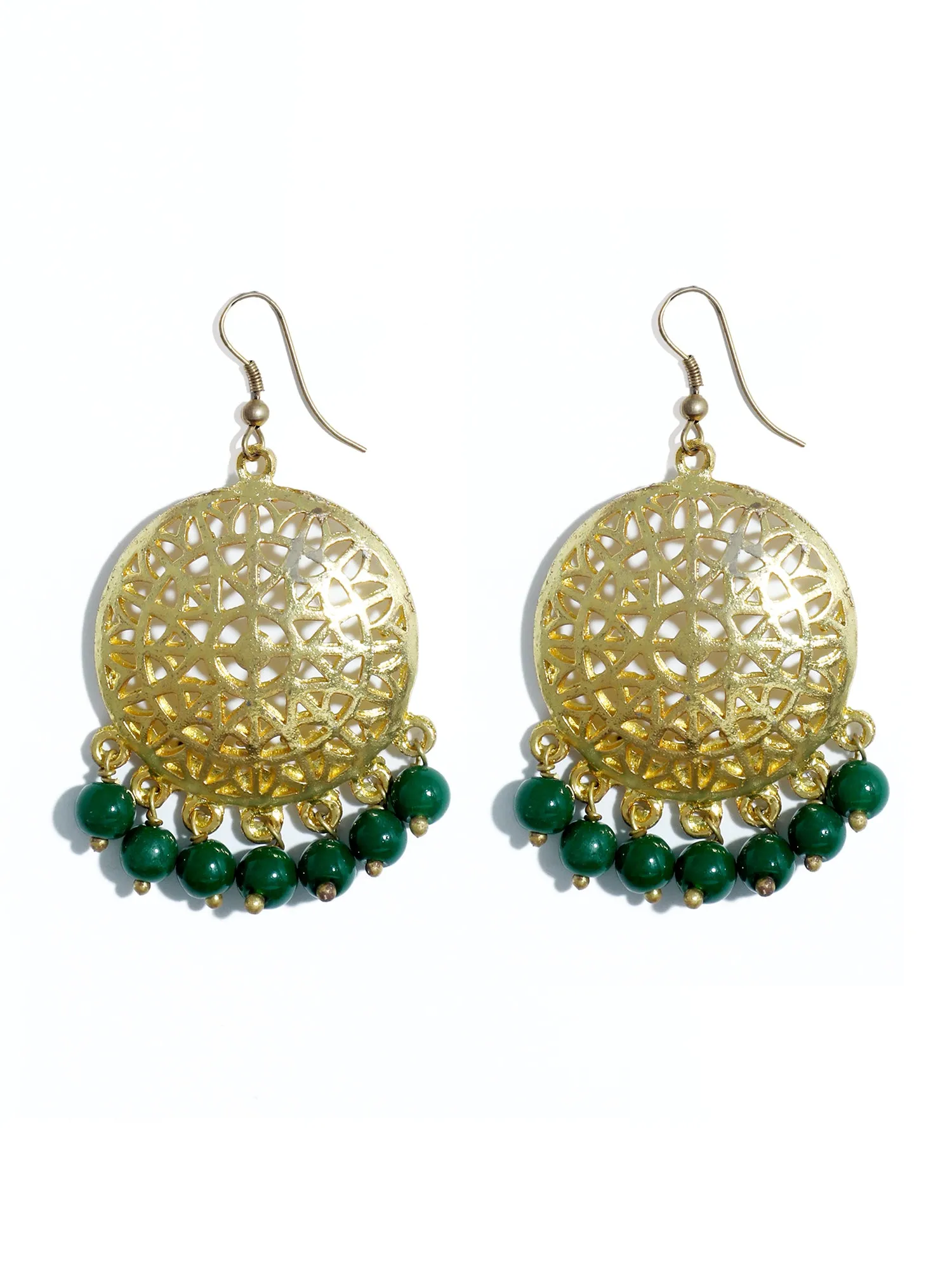 Gold Plated Green Beads Kundan Dangler Earrings with Maangtikka for Women